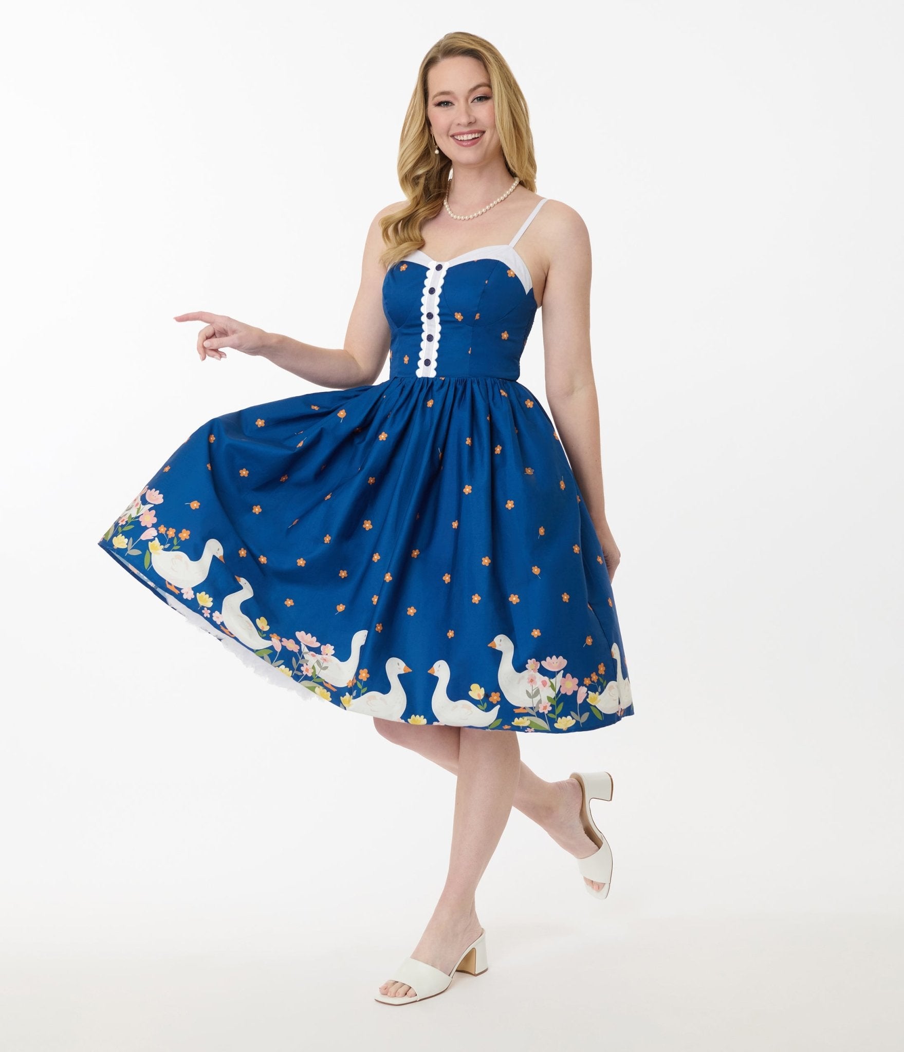 Unique Vintage Blue & White Goose Cotton Swing Dress - Unique Vintage - Womens, DRESSES, SWING