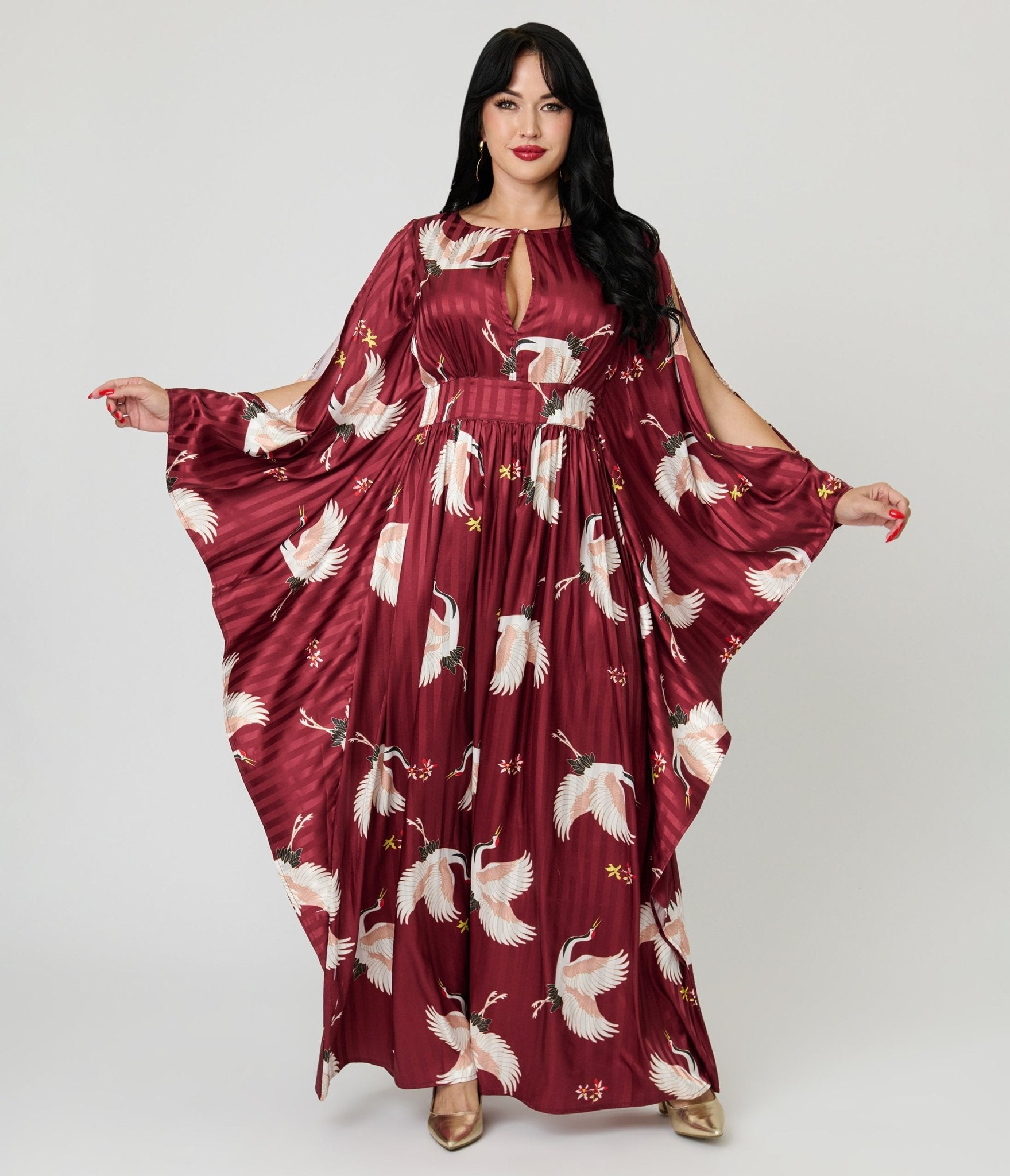 Unique Vintage Burgundy Crane Flutter Sleeve Caftan - Unique Vintage - Womens, DRESSES, MAXI