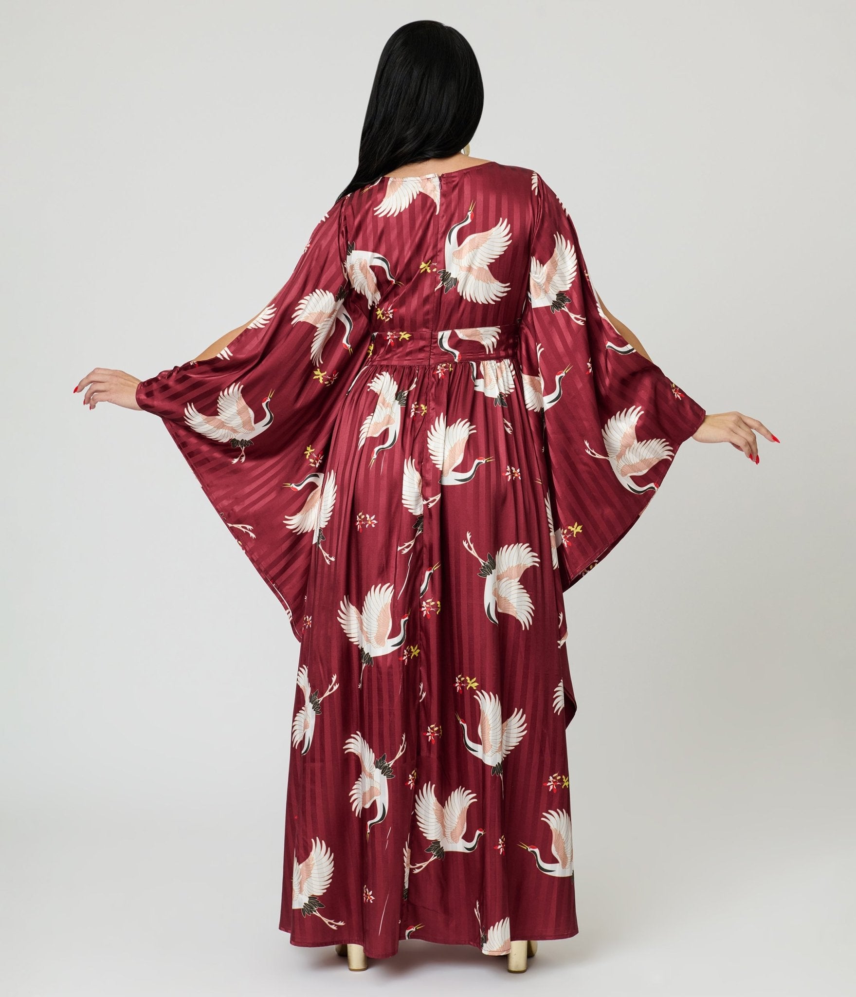 Unique Vintage Burgundy Crane Flutter Sleeve Caftan - Unique Vintage - Womens, DRESSES, MAXI