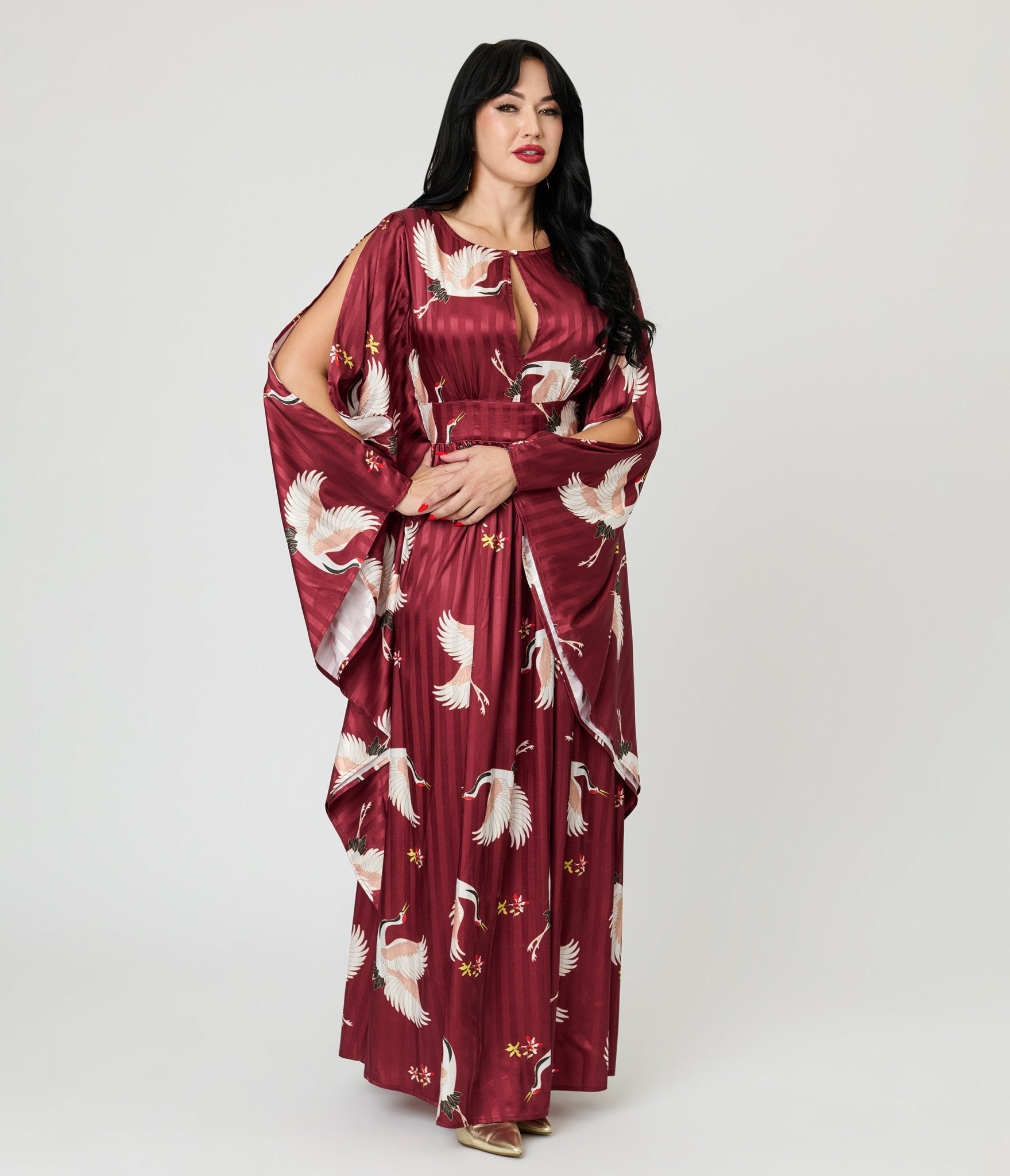 Unique Vintage Burgundy Crane Flutter Sleeve Caftan - Unique Vintage - Womens, DRESSES, MAXI