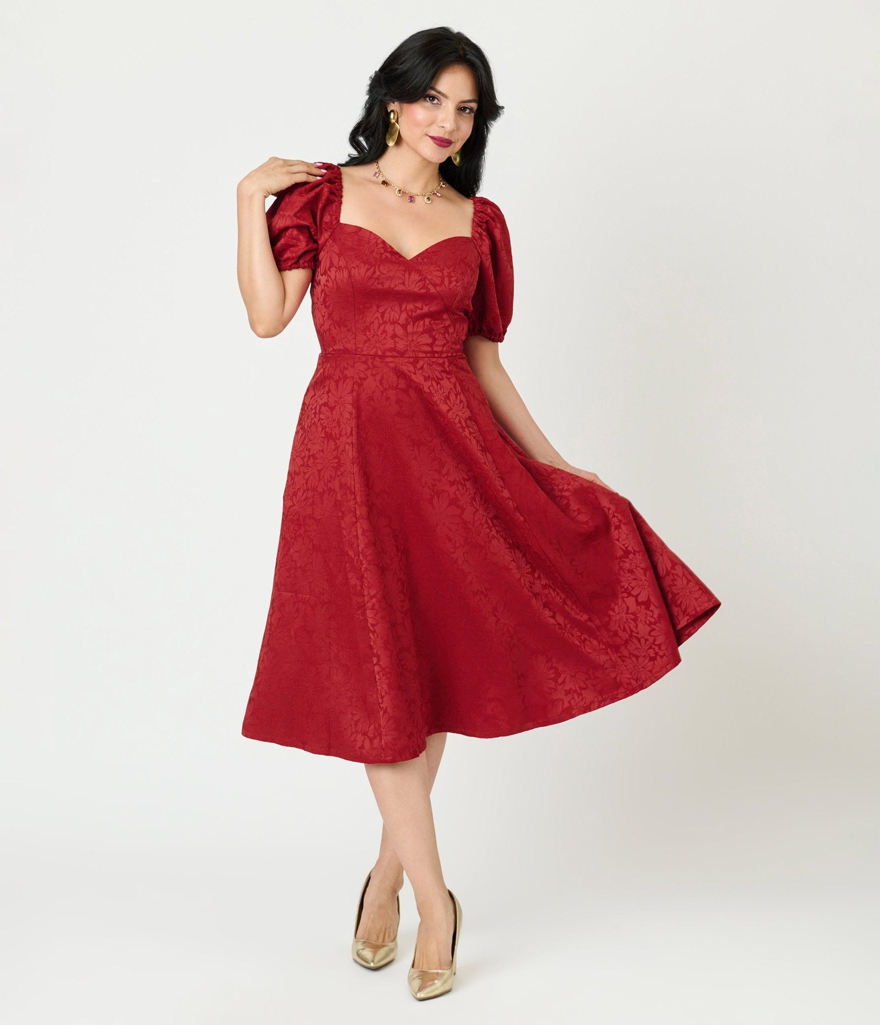 Unique Vintage Burgundy Floral Jacquard Sweetheart Swing Dress