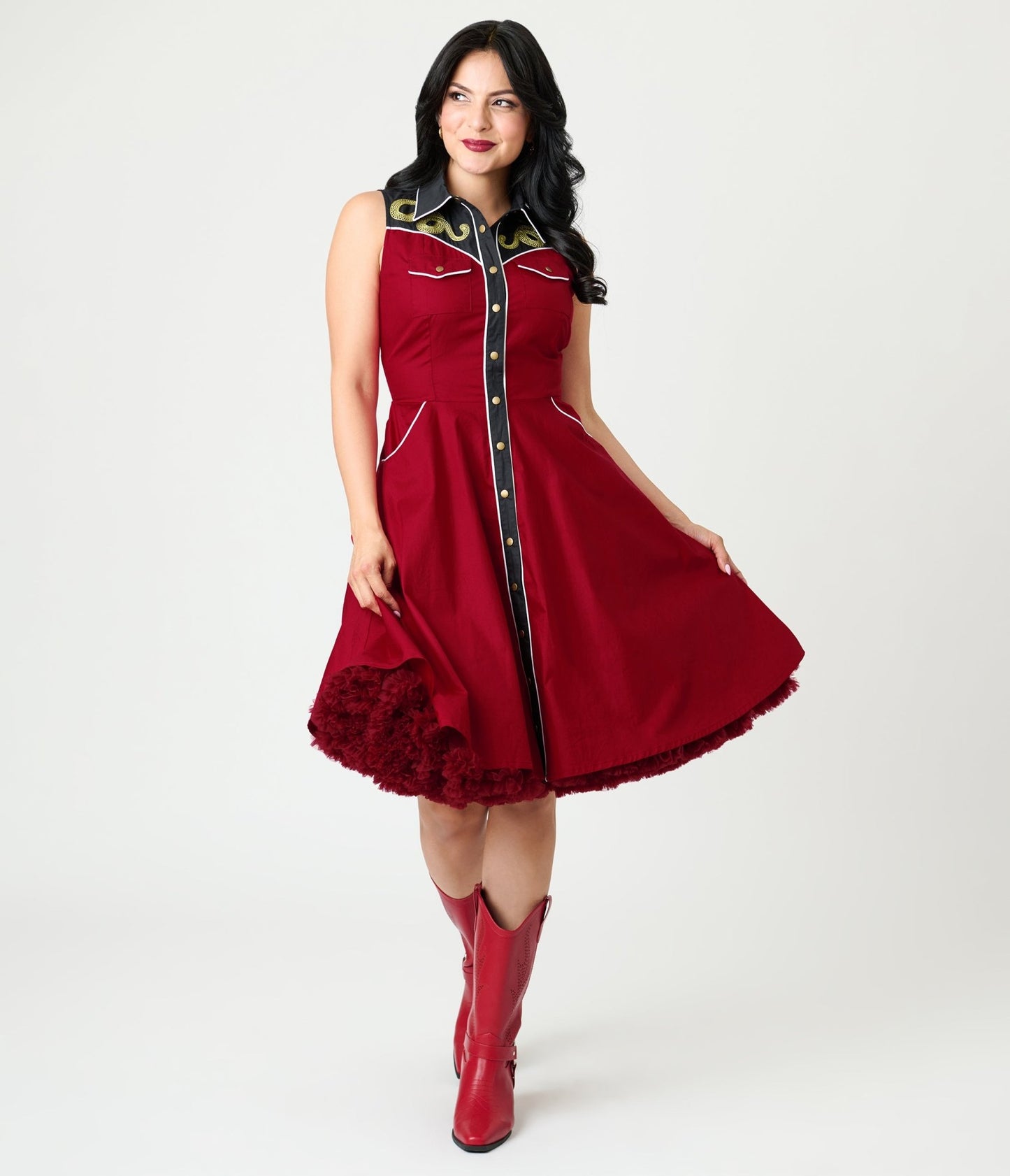 Unique Vintage Burgundy & Gold Snake Embroidery Western Cotton Flare Dress - Unique Vintage - Womens, DRESSES, FIT AND FLARE