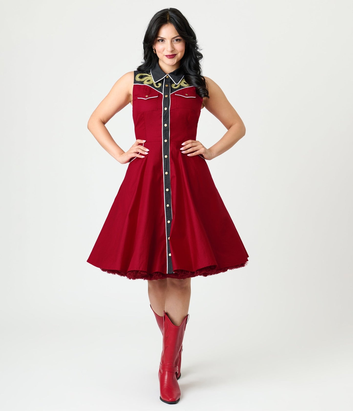 Unique Vintage Burgundy & Gold Snake Embroidery Western Cotton Flare Dress - Unique Vintage - Womens, DRESSES, FIT AND FLARE