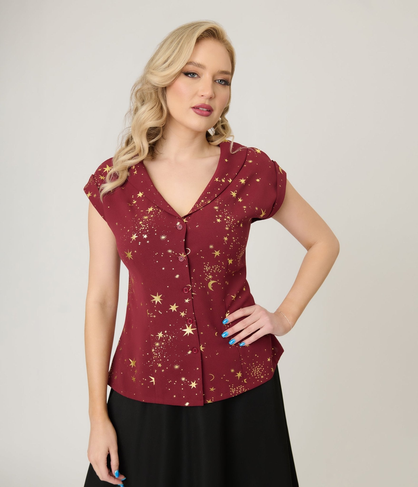 Unique Vintage Burgundy & Gold Star Twill Sleeveless Blouse - Unique Vintage - Womens, TOPS, WOVEN TOPS