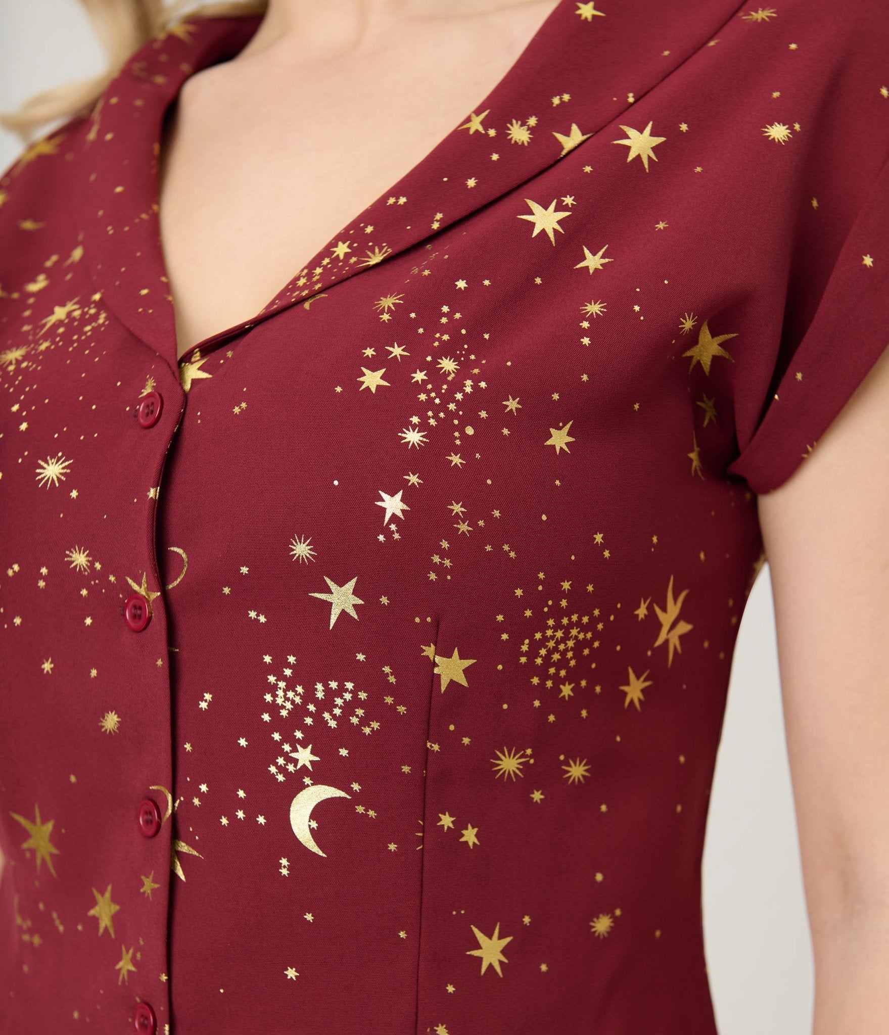 Unique Vintage Burgundy & Gold Star Twill Sleeveless Blouse - Unique Vintage - Womens, TOPS, WOVEN TOPS