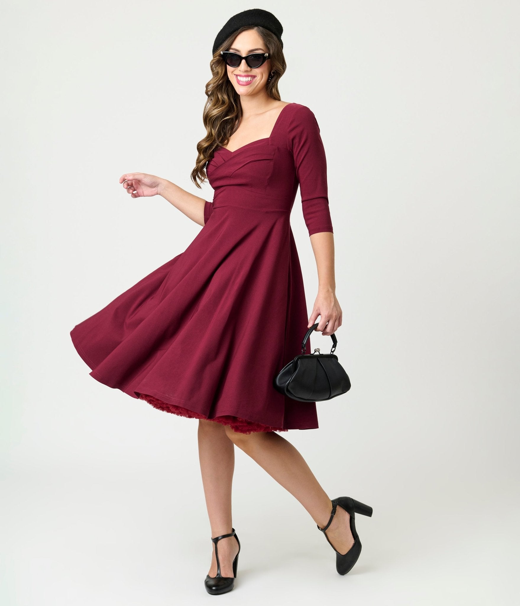 Unique Vintage Burgundy Pleated Bust Swing Dress - Unique Vintage - Womens, DRESSES, SWING