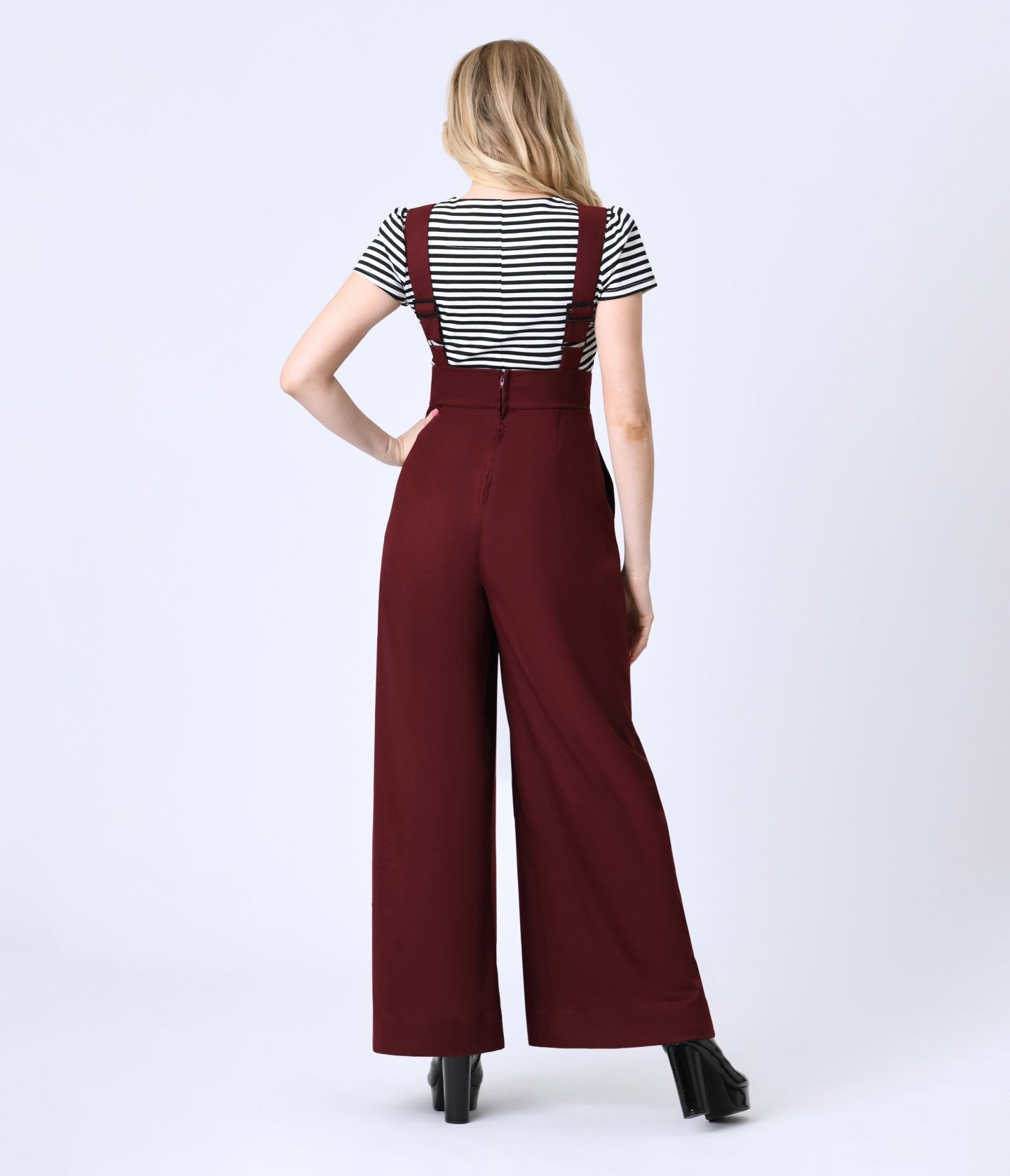 Unique Vintage Burgundy Rochelle Suspender Pants - Unique Vintage - Womens, BOTTOMS, PANTS