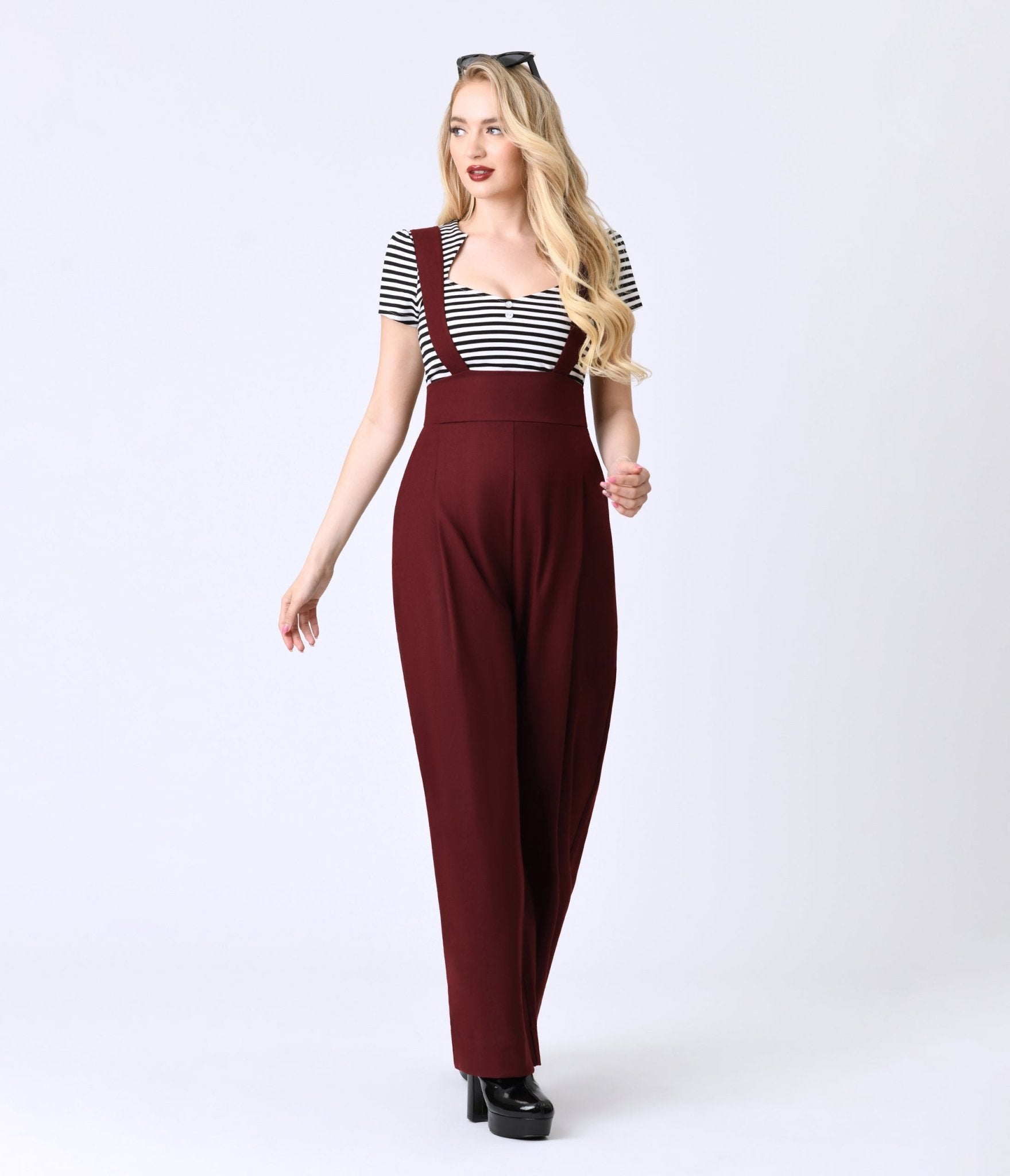 Unique Vintage Burgundy Rochelle Suspender Pants - Unique Vintage - Womens, BOTTOMS, PANTS