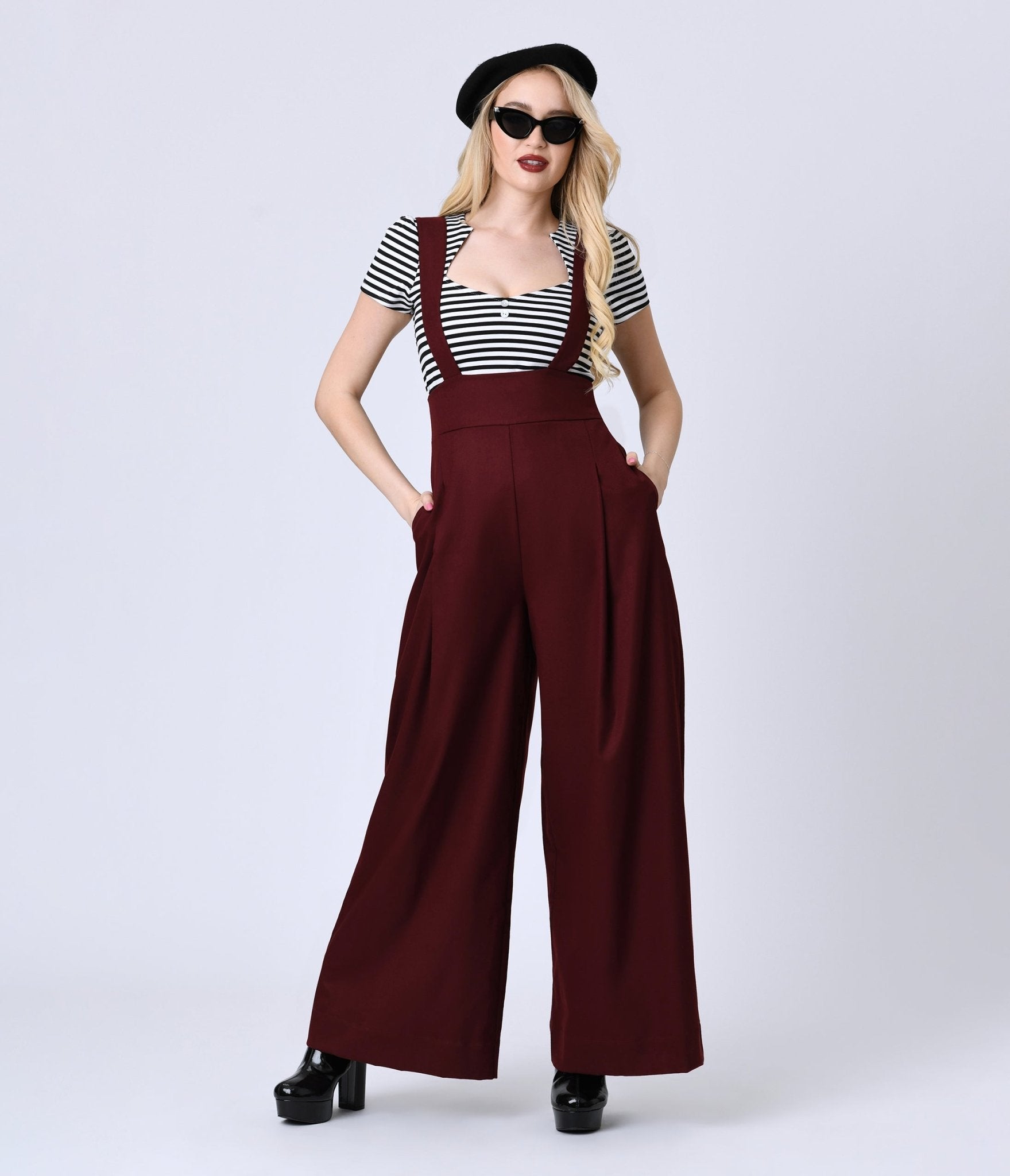 Unique Vintage Burgundy Rochelle Suspender Pants - Unique Vintage - Womens, BOTTOMS, PANTS