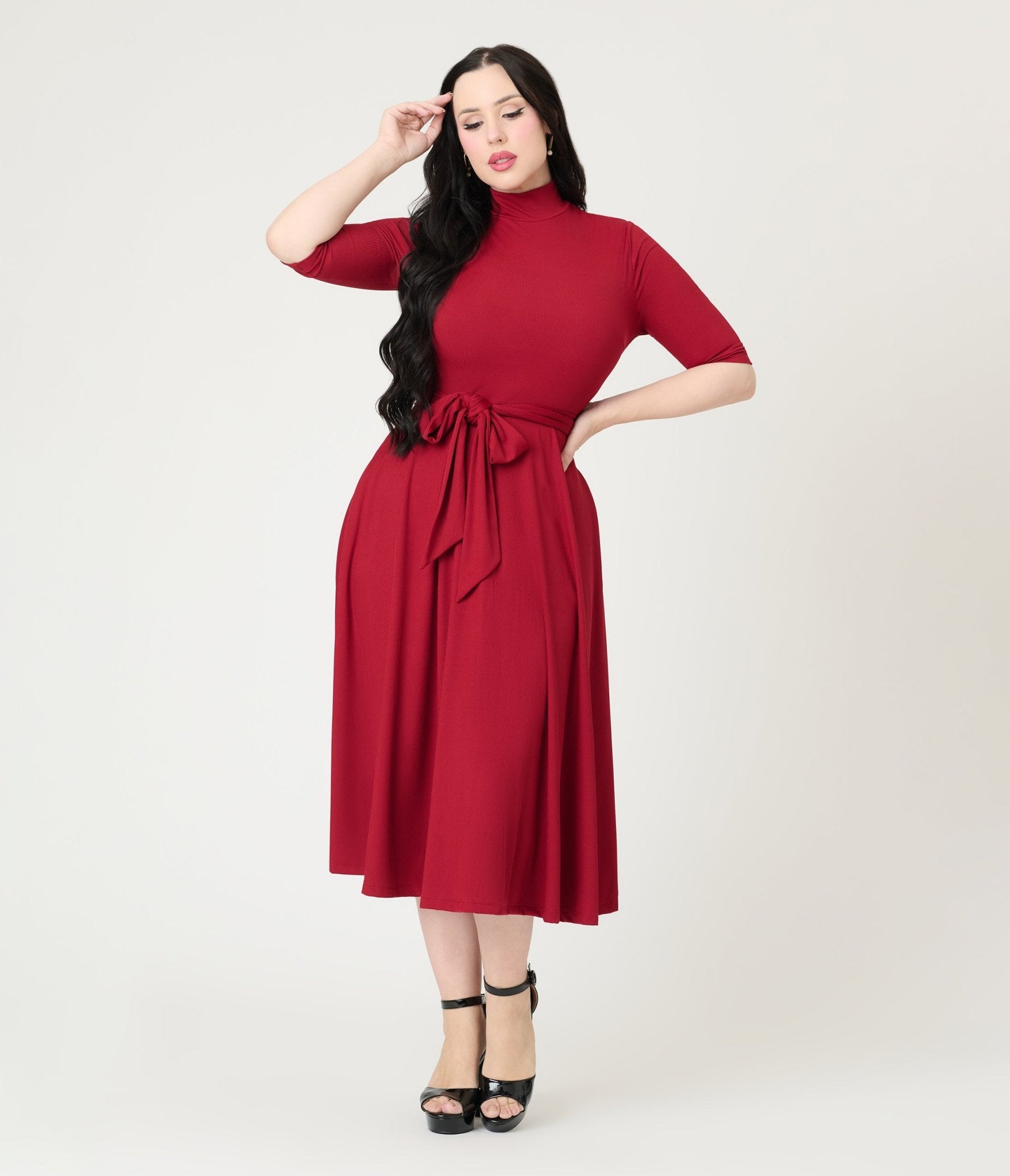 Unique Vintage Burgundy Turtleneck Midi Dress - Unique Vintage - Womens, DRESSES, FIT AND FLARE