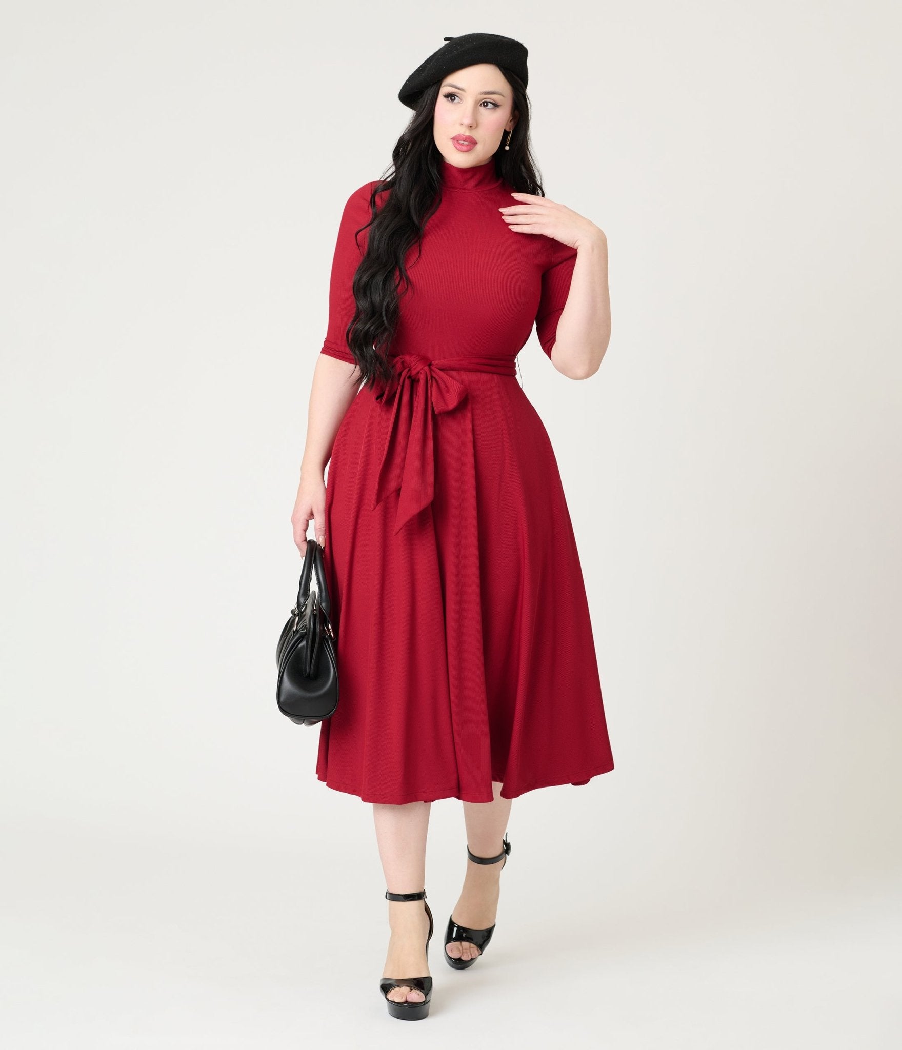 Unique Vintage Burgundy Turtleneck Midi Dress - Unique Vintage - Womens, DRESSES, FIT AND FLARE