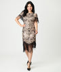 Unique Vintage Champagne & Black Beaded Fringe Sleeve Nadine Flapper Dress
