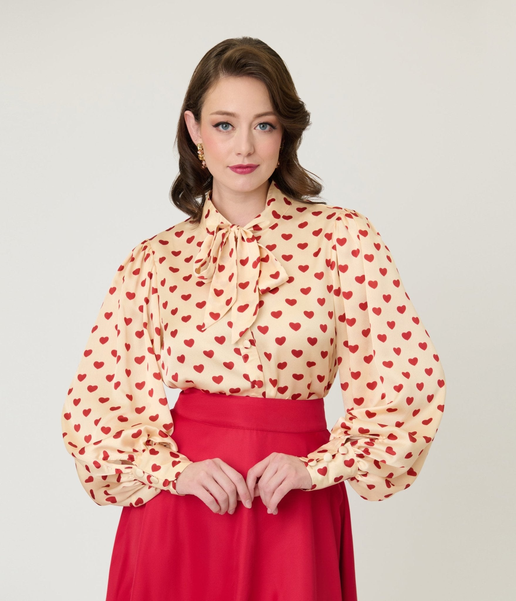 Unique Vintage Champagne & Red Hearts Long Sleeve Gwen Blouse