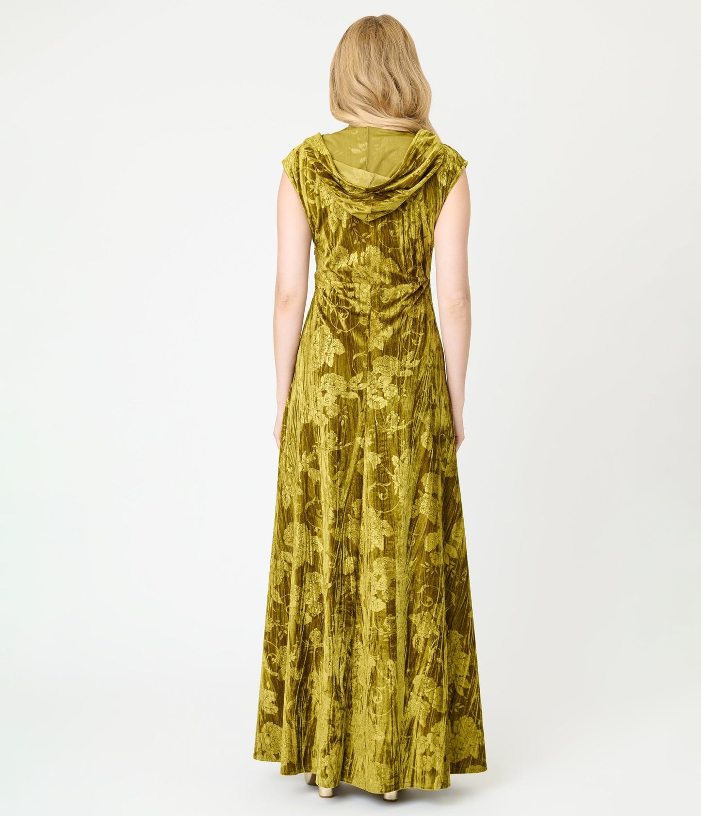 Unique Vintage Chartreuse Floral Embossed Velvet Hooded Maxi Dress - Unique Vintage - Womens, DRESSES, MAXI