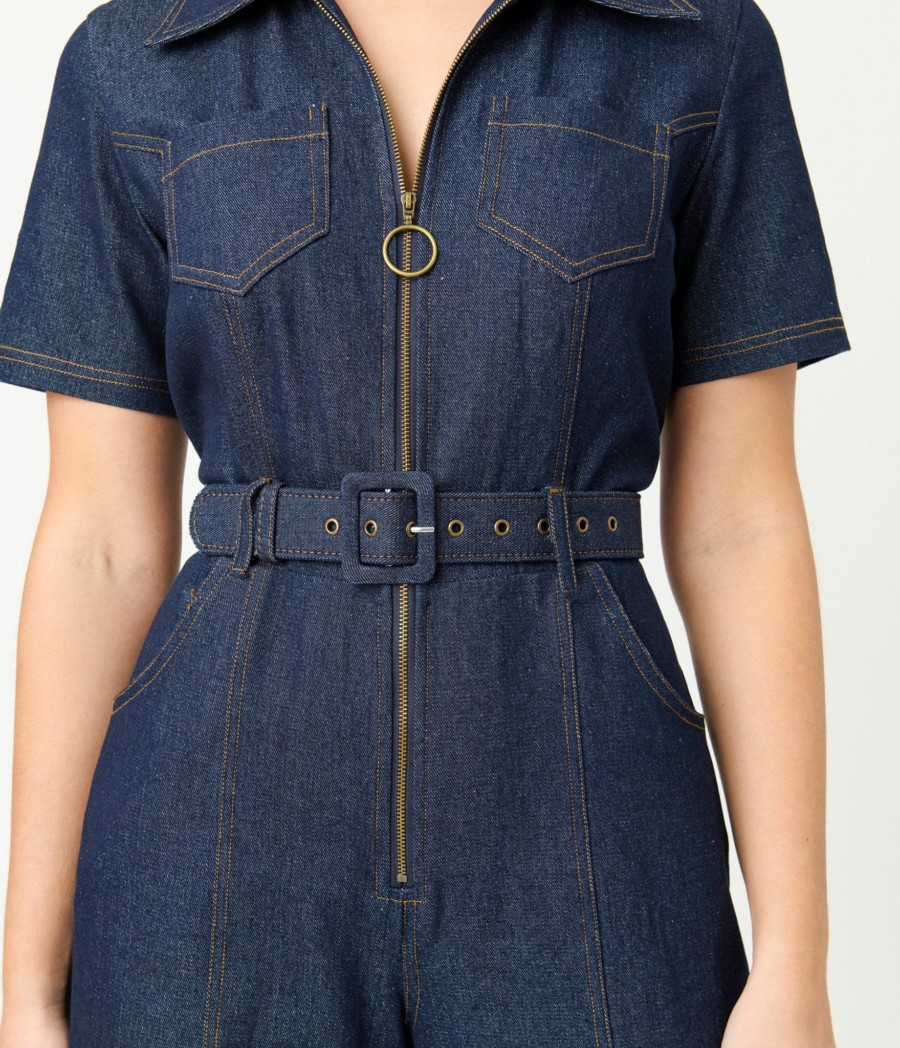 Unique Vintage Dark Denim Belted Jumpsuit - Unique Vintage - Womens, BOTTOMS, ROMPERS AND JUMPSUITS