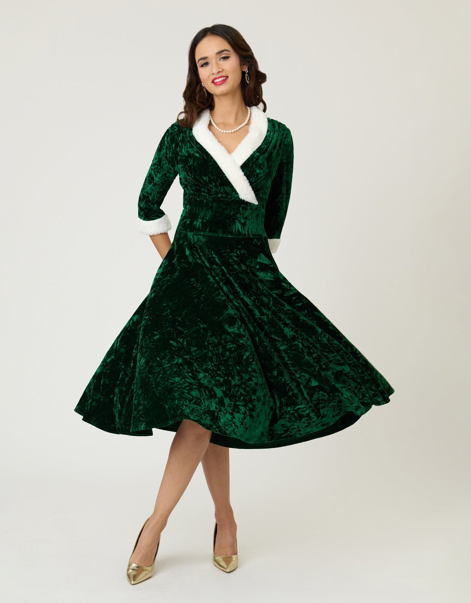 Unique Vintage Emerald Crushed Velvet & White Fur Delores Swing Dress - Unique Vintage - Womens, DRESSES, SWING