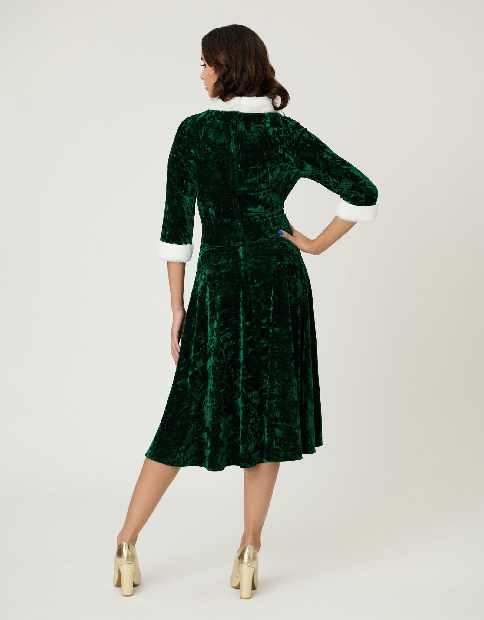 Unique Vintage Emerald Crushed Velvet & White Fur Delores Swing Dress - Unique Vintage - Womens, DRESSES, SWING