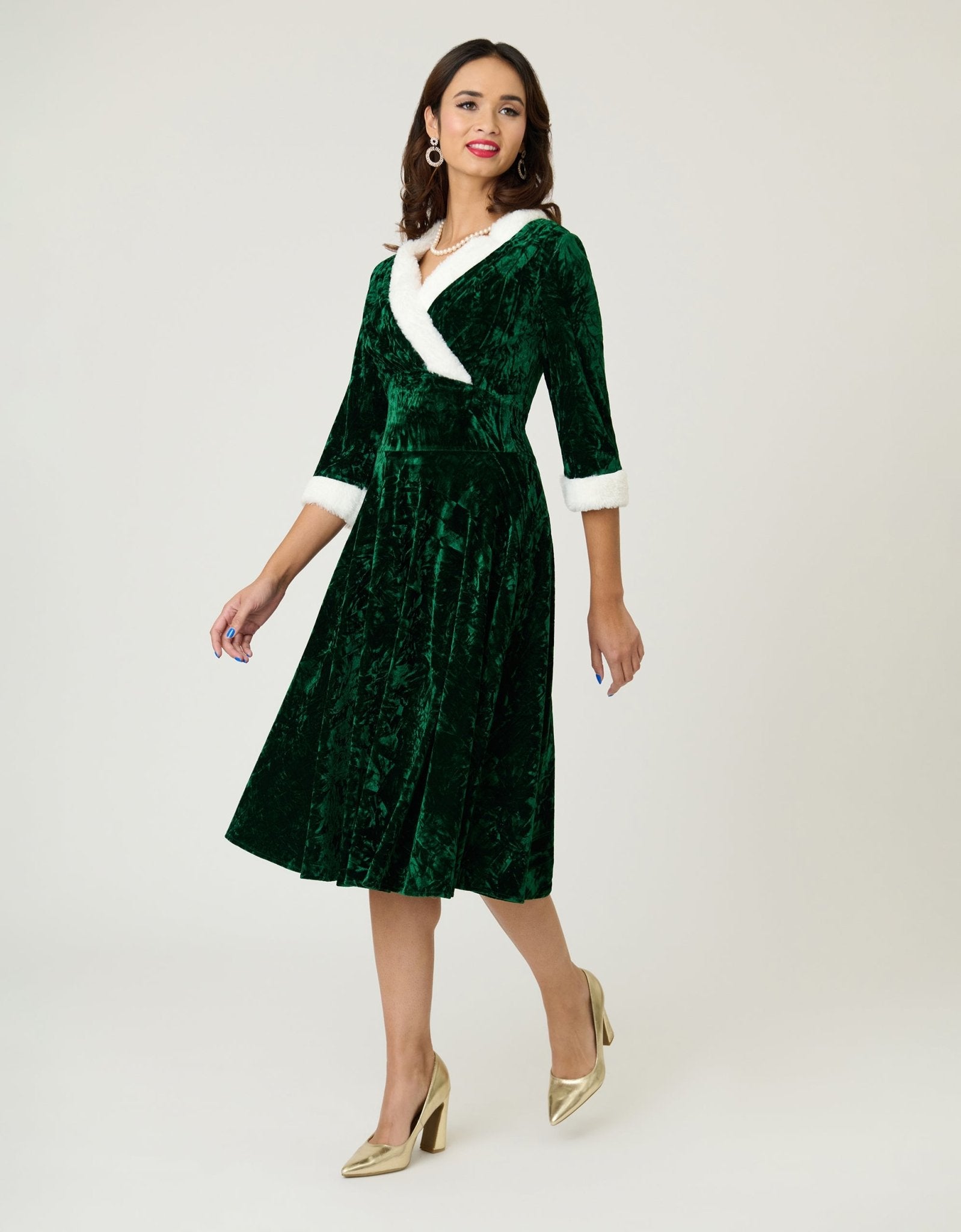 Unique Vintage Emerald Crushed Velvet & White Fur Delores Swing Dress - Unique Vintage - Womens, DRESSES, SWING