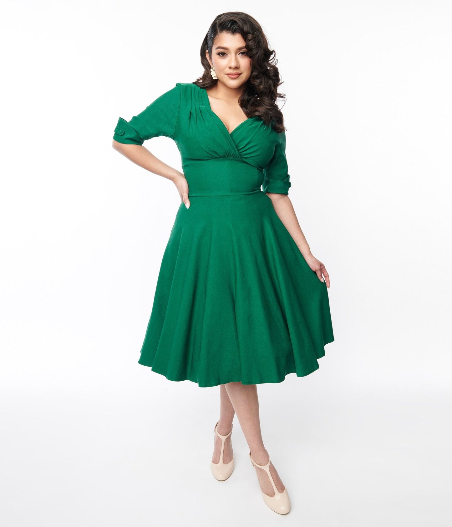 Unique Vintage Emerald Green Delores Swing Dress with Sleeves - Unique Vintage - Womens, DRESSES, SWING