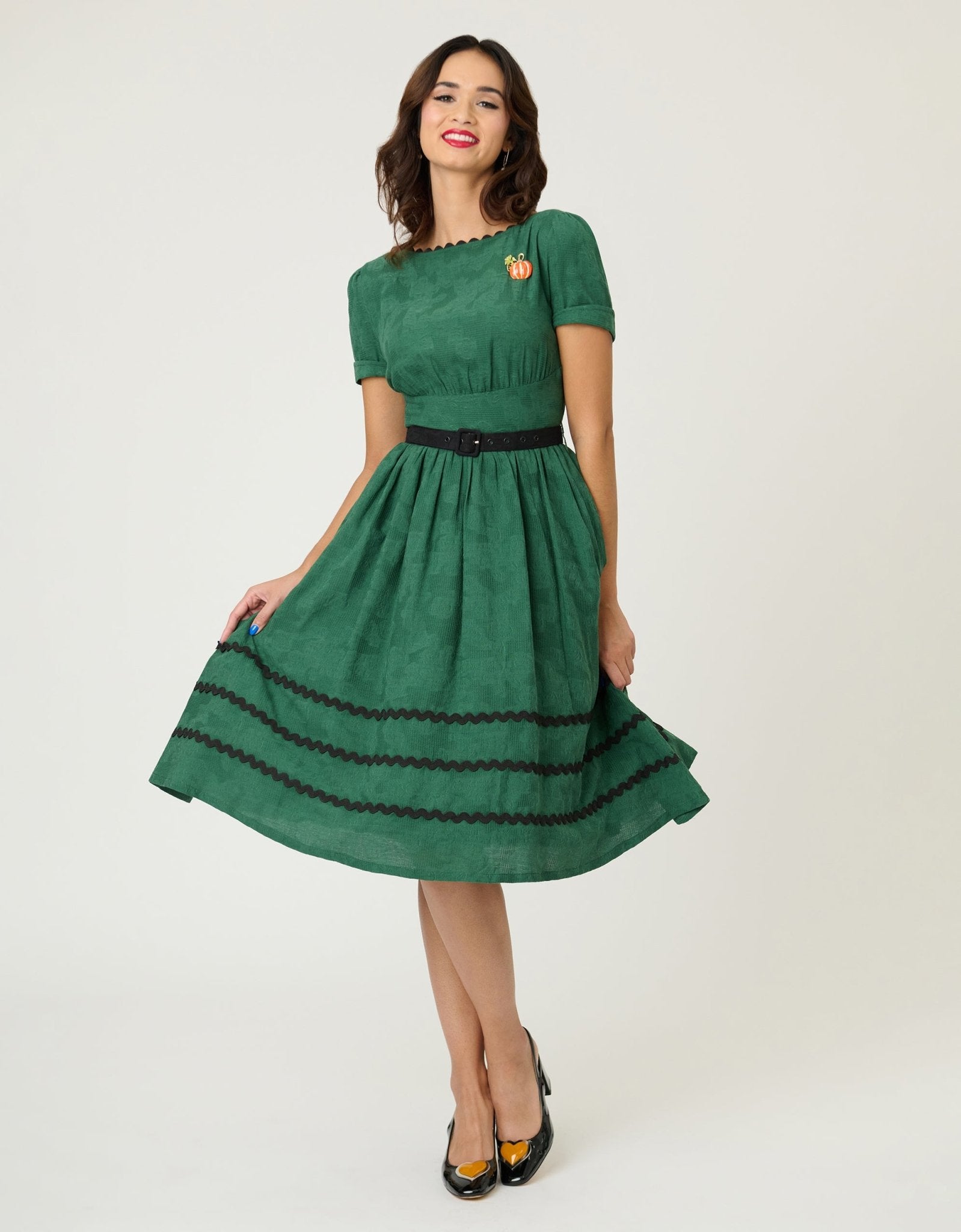 Unique Vintage Emerald & Pumpkin Pin Cotton Swing Dress - Unique Vintage - Womens, DRESSES, SWING