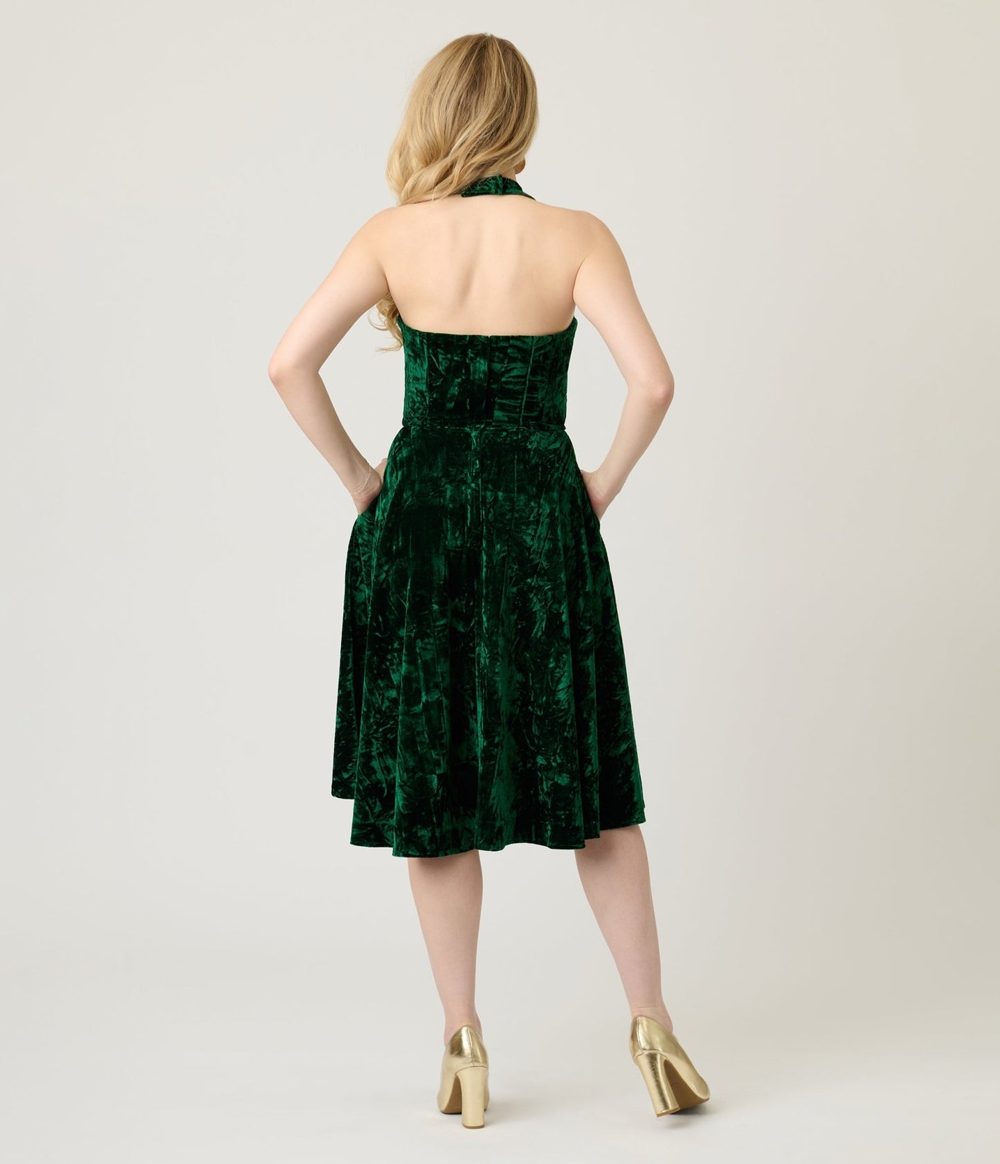 Unique Vintage Emerald Velvet Criss Cross Halter Rita Flare Dress - Unique Vintage - Womens, DRESSES, SWING