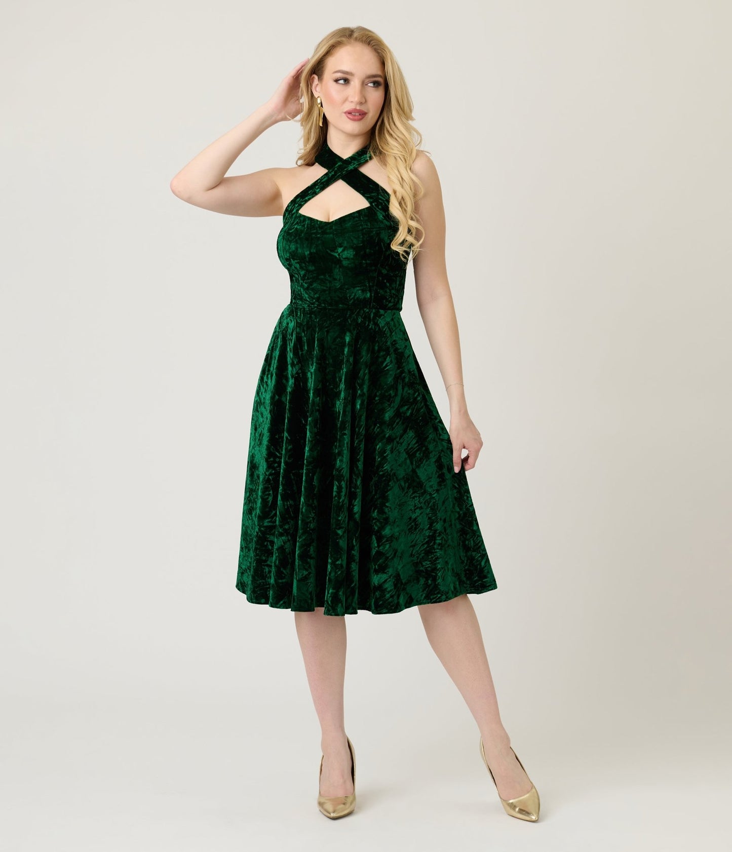 Unique Vintage Emerald Velvet Criss Cross Halter Rita Flare Dress - Unique Vintage - Womens, DRESSES, SWING