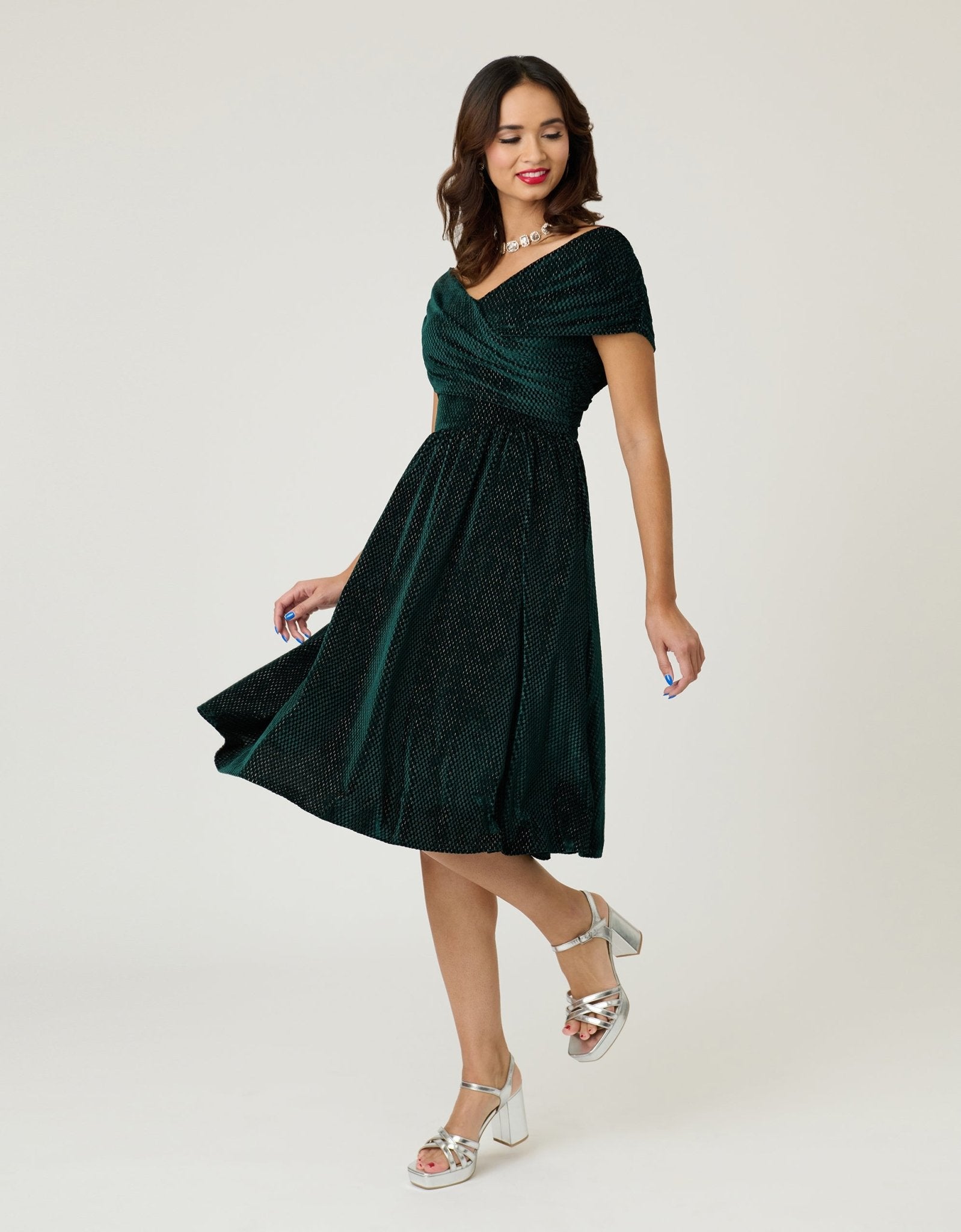 Unique Vintage Emerald Velvet Shirred Swing Dress Unique Vintage Emerald Velvet Shirred Swing Dress