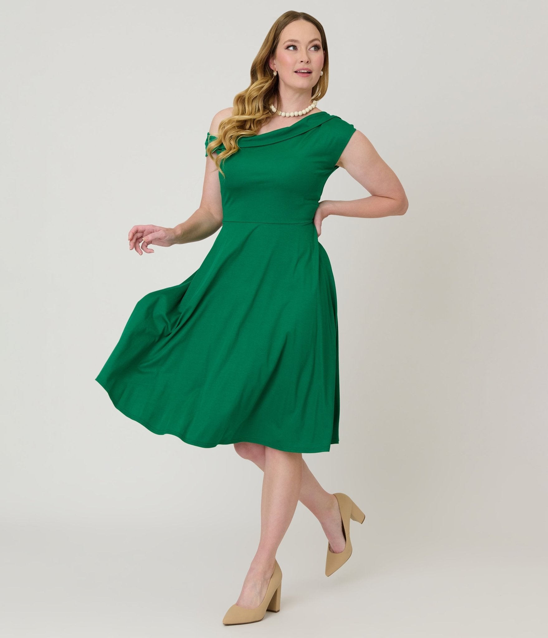 Unique Vintage Green Asymmetrical Neck Swing Dress