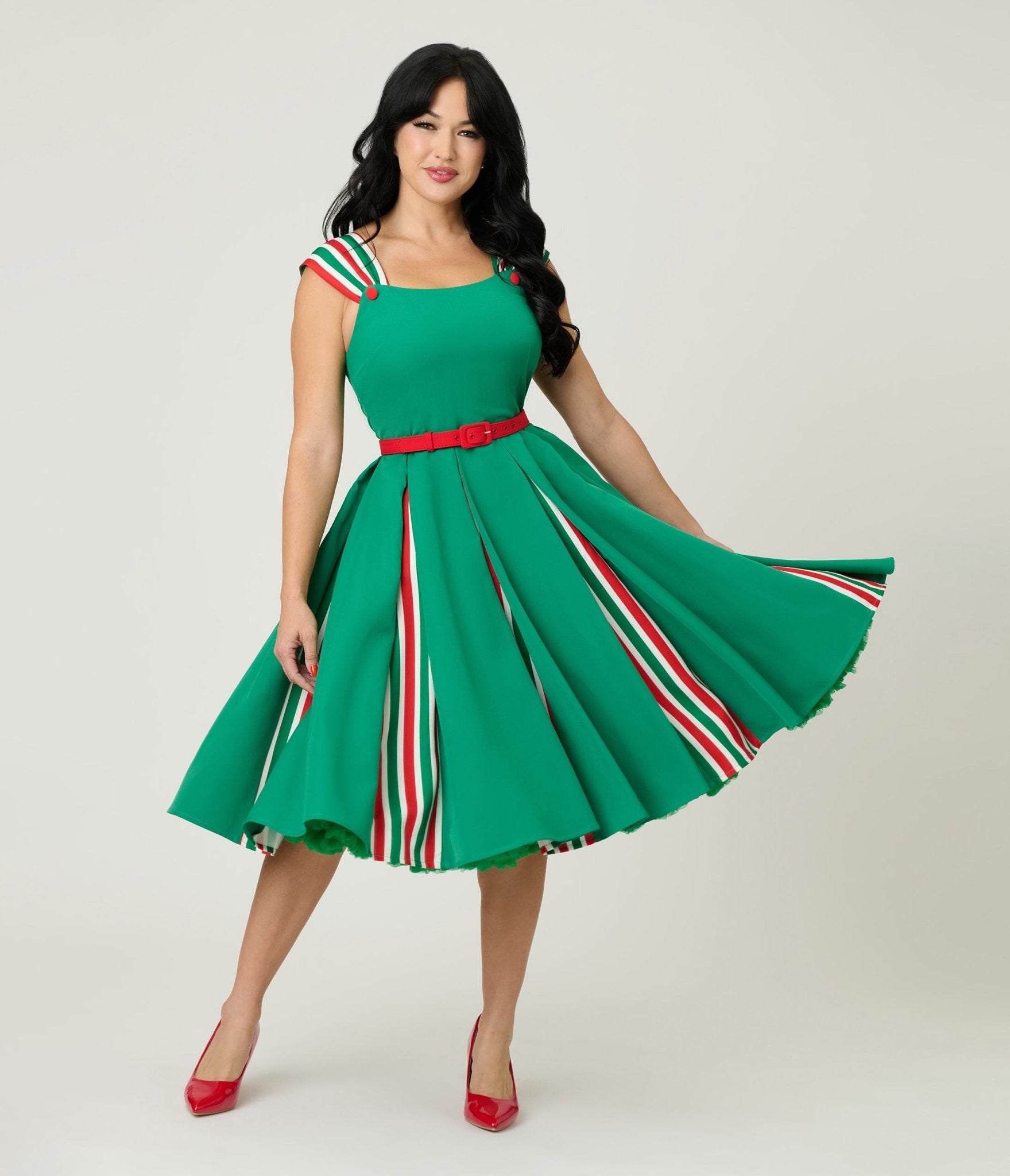 Unique Vintage Green Candy Cane Stripe Swing Dress