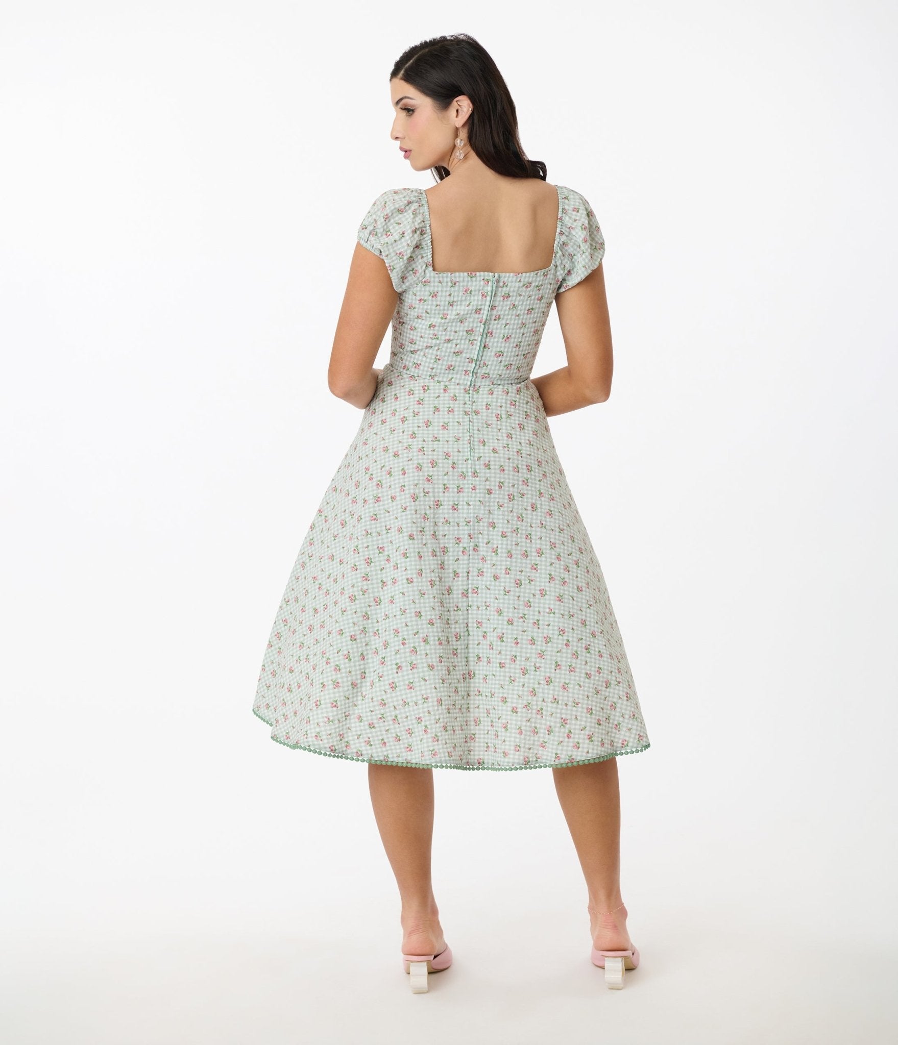 Unique Vintage Green Floral Gingham Print Swing Dress - Unique Vintage - Womens, DRESSES, SWING
