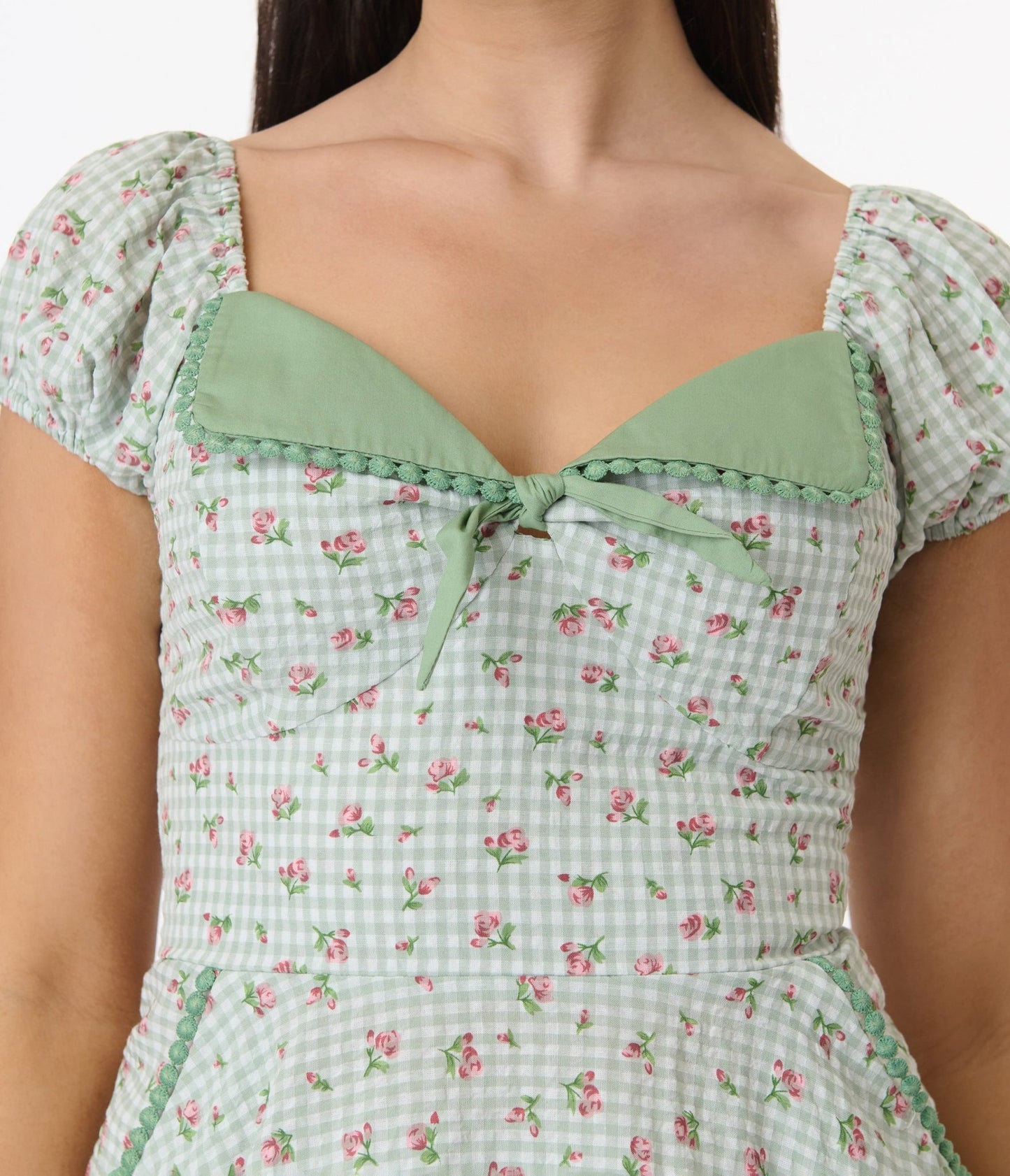 Unique Vintage Green Floral Gingham Print Swing Dress - Unique Vintage - Womens, DRESSES, SWING
