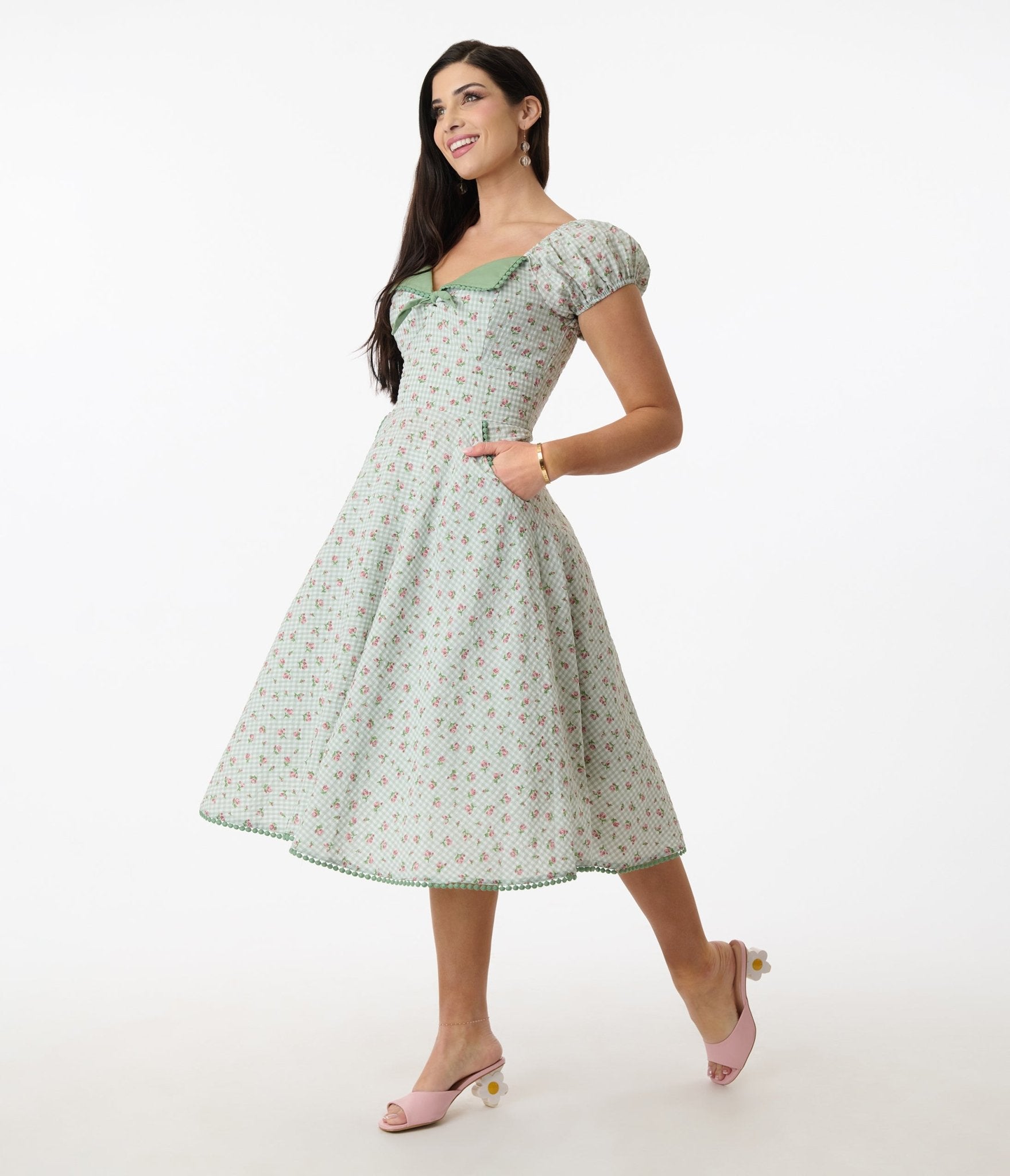 Unique Vintage Green Floral Gingham Print Swing Dress - Unique Vintage - Womens, DRESSES, SWING