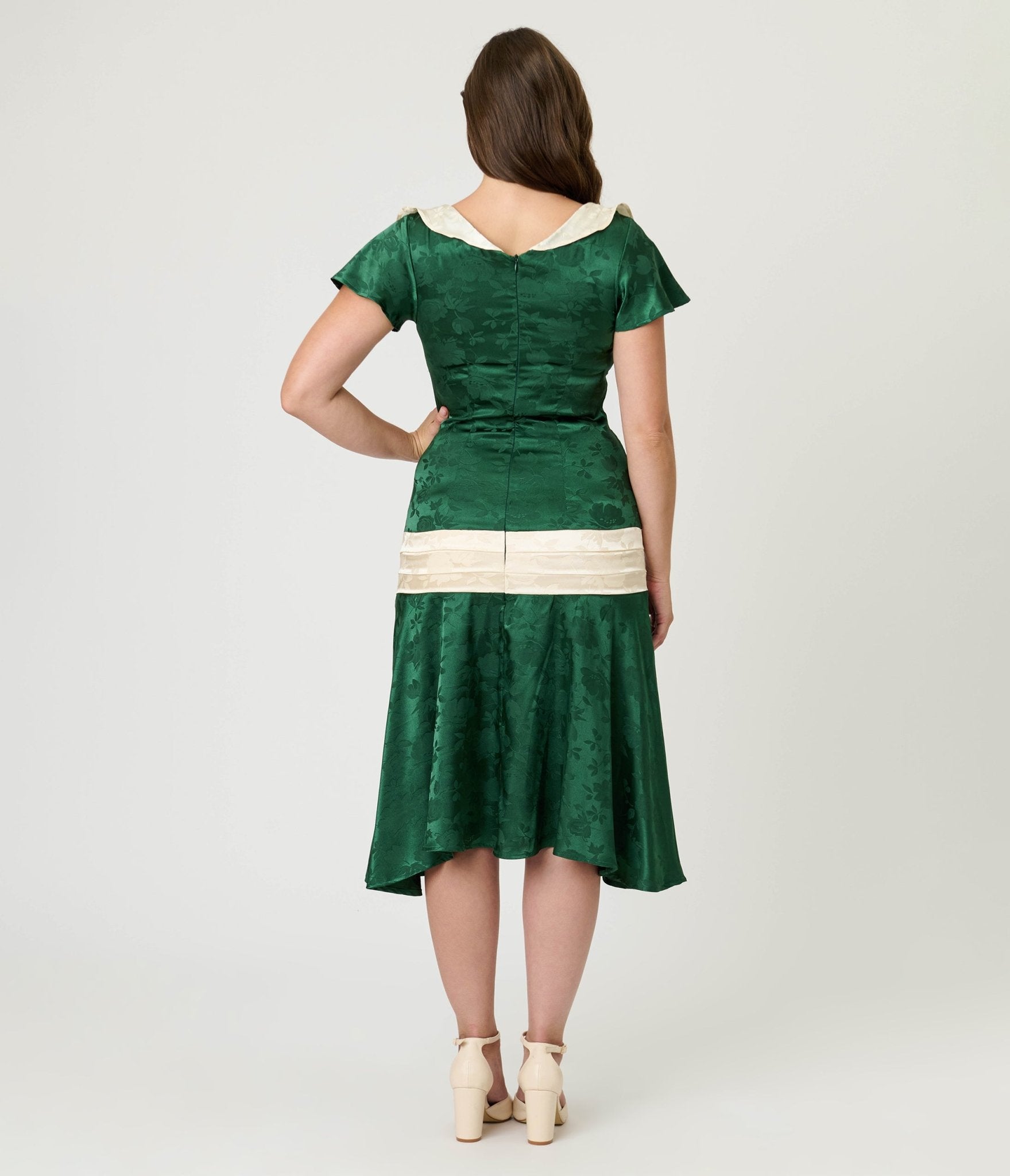 Unique Vintage Green Floral Jacquard Wilshire Flapper Dress - Unique Vintage - Womens, FLAPPER, SLEEVELESS NON BEADED