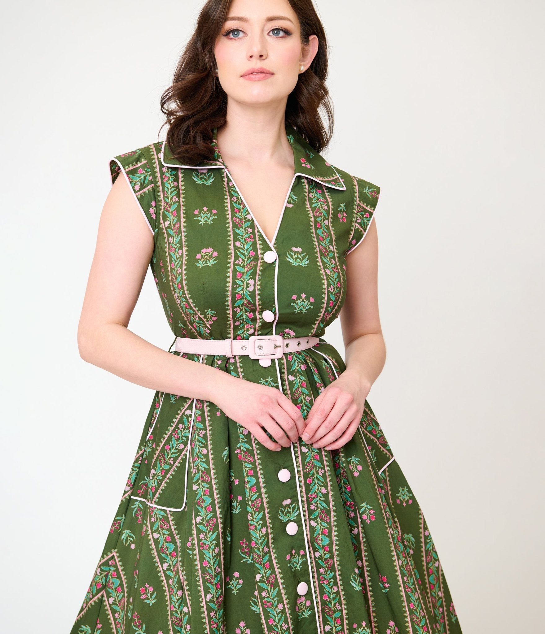 Unique Vintage Green Floral Stripe Shirt Swing Dress