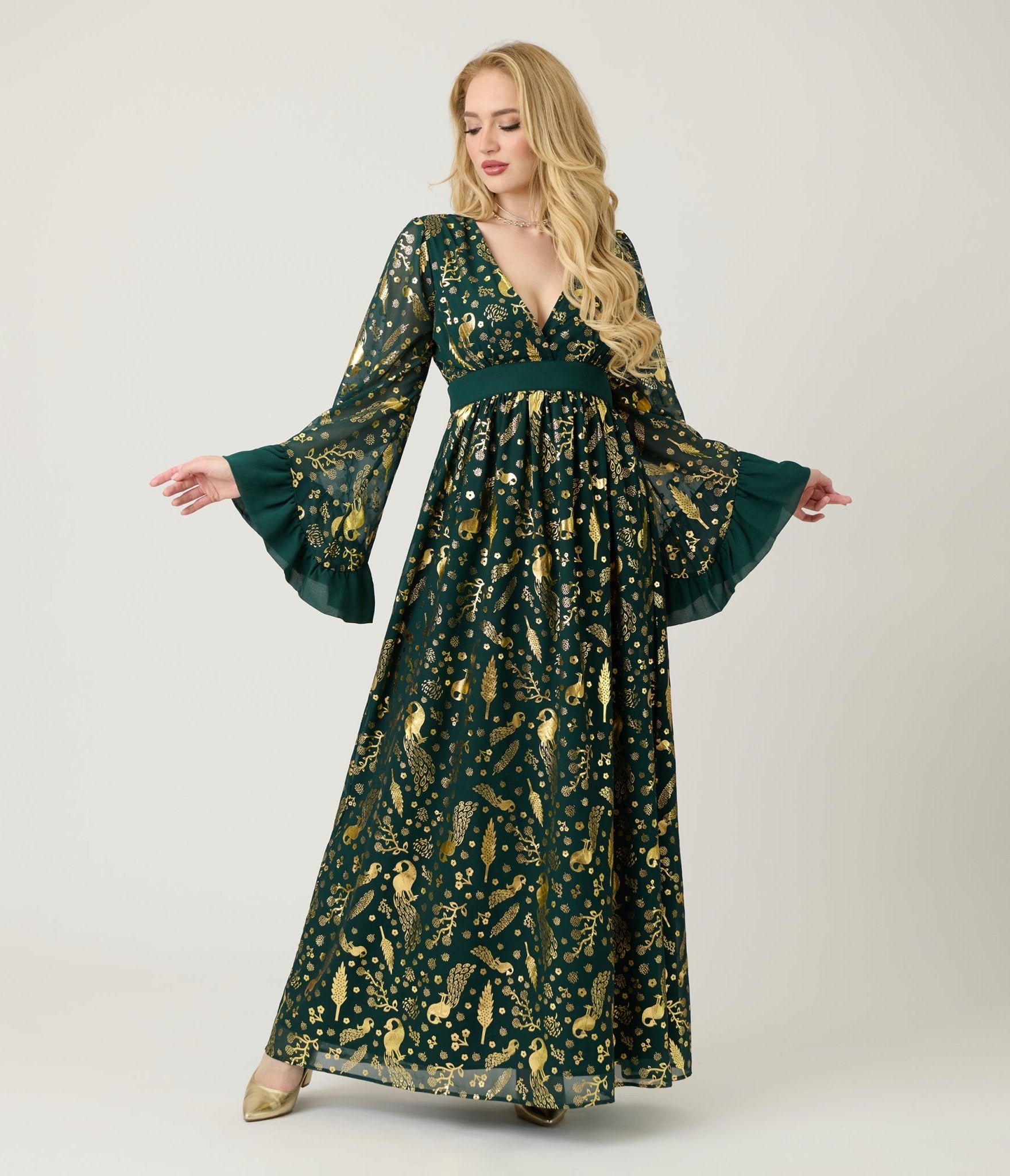 Unique Vintage Green & Gold Foil Peacock Print Maxi Dress