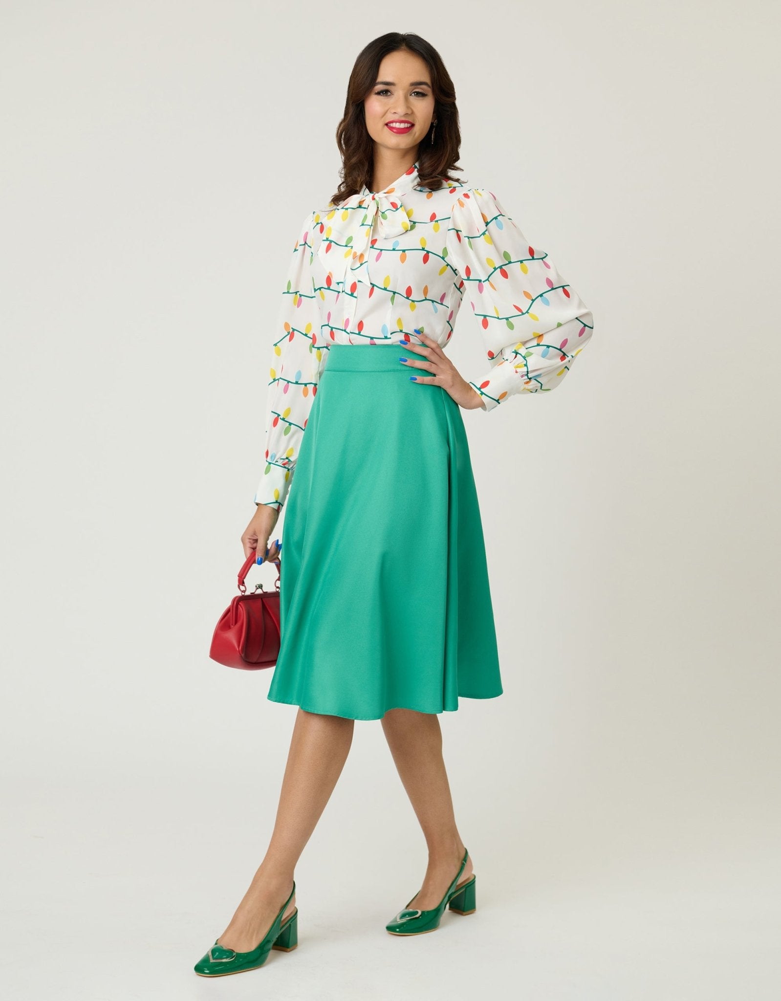VINTAGE 70s 80S WHITE GREEN STRIPE HORSE SHOE CHAIN MIDI SWING SKIRT S 8 10 S main image 1