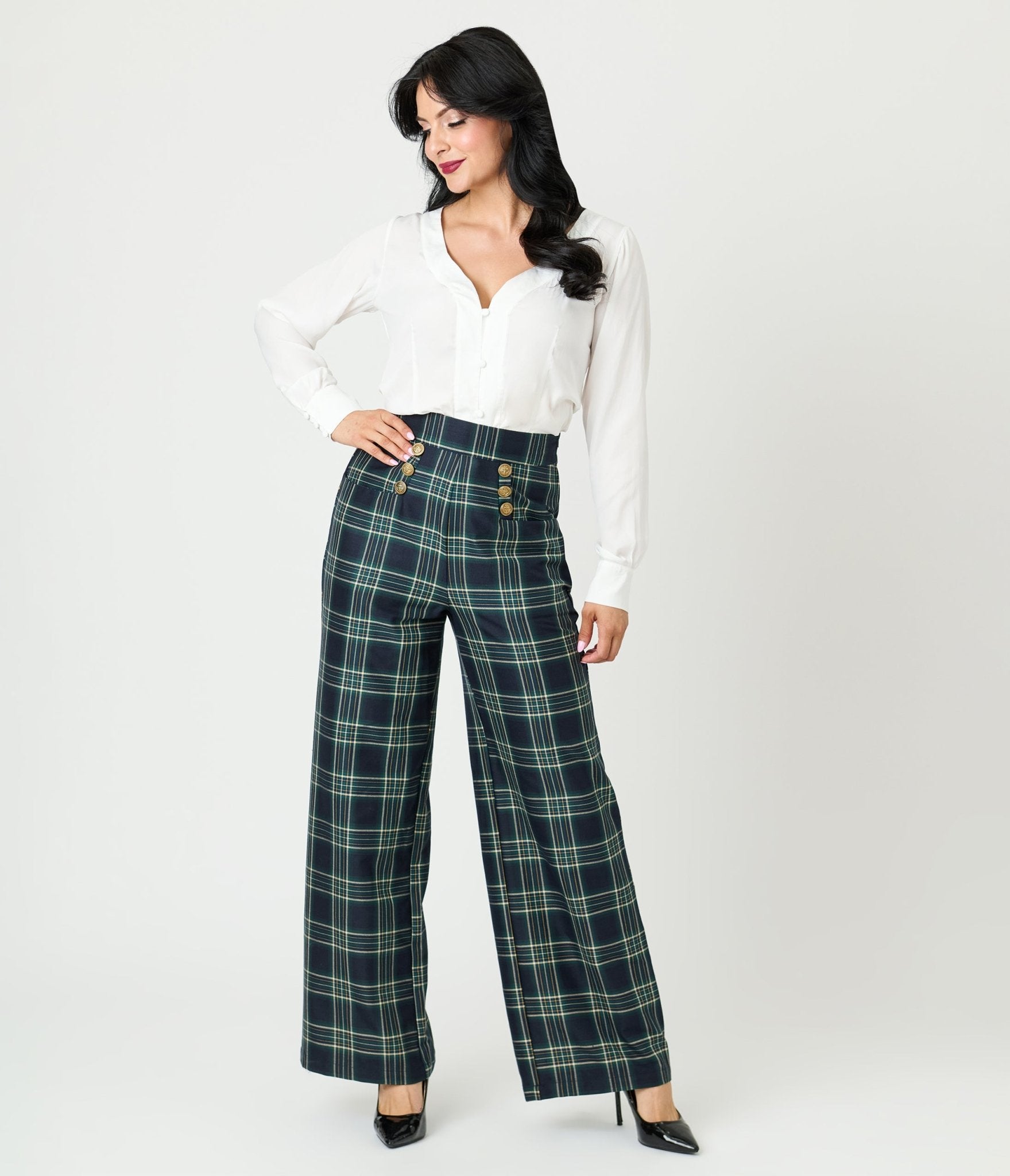 Unique Vintage Green Plaid High Waist Sailor Ginger Pants
