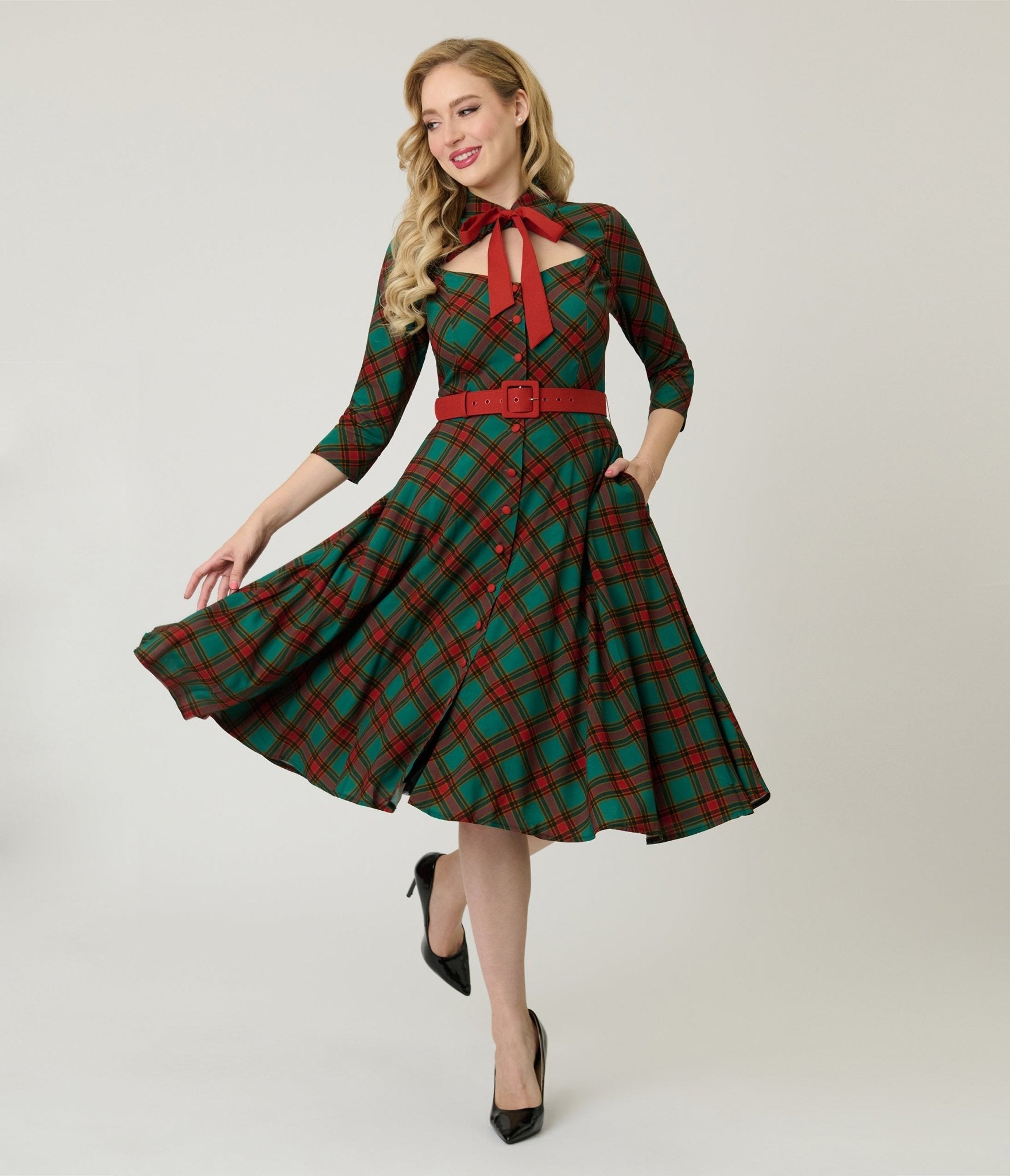 Unique Vintage Green & Red Bias Plaid Swing Dress