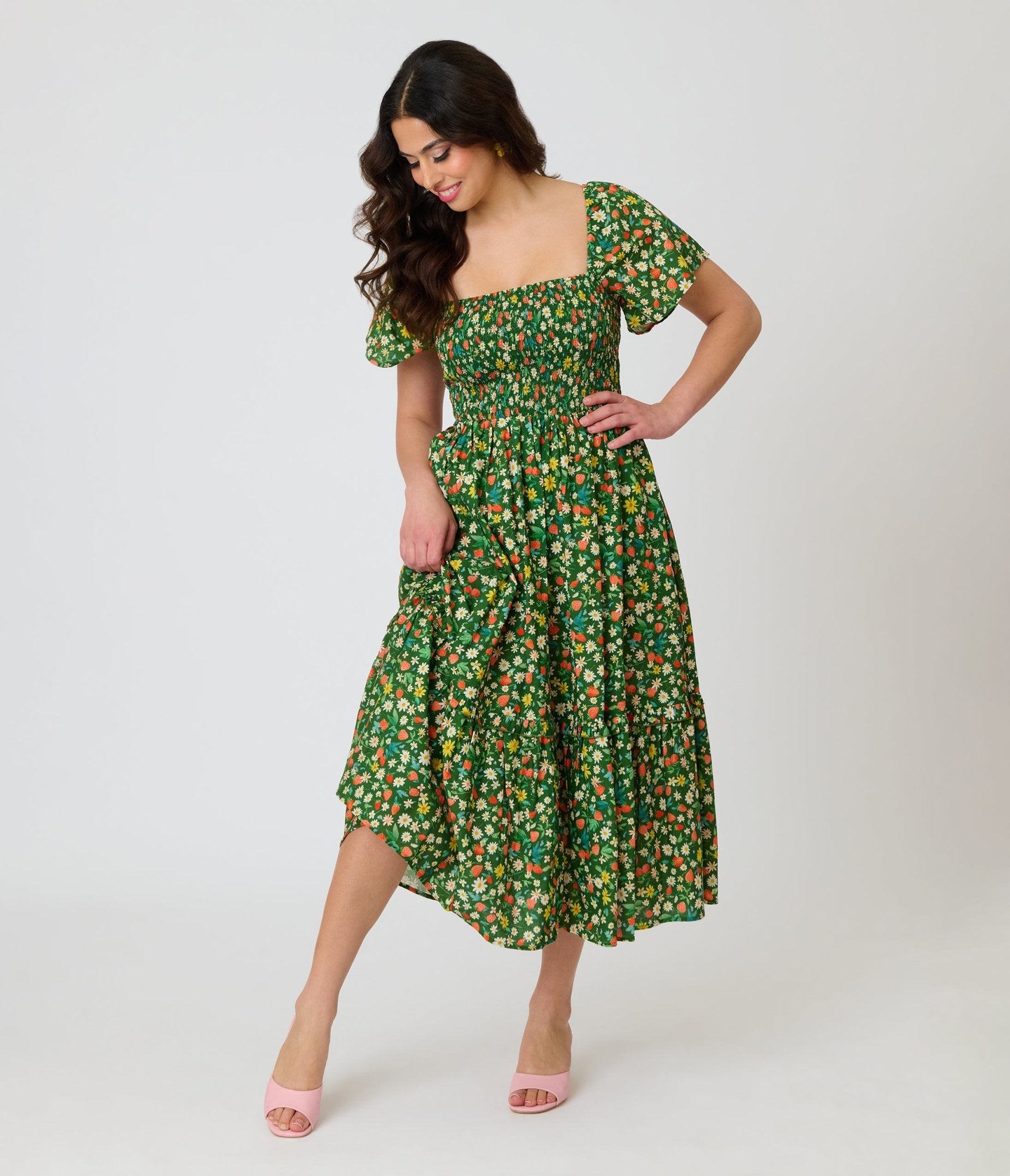 Unique Vintage Green & Strawberry Print Smocked Bodice Midi Dress Unique Vintage Green & Strawberry Print Smocked Bodice Midi Dress