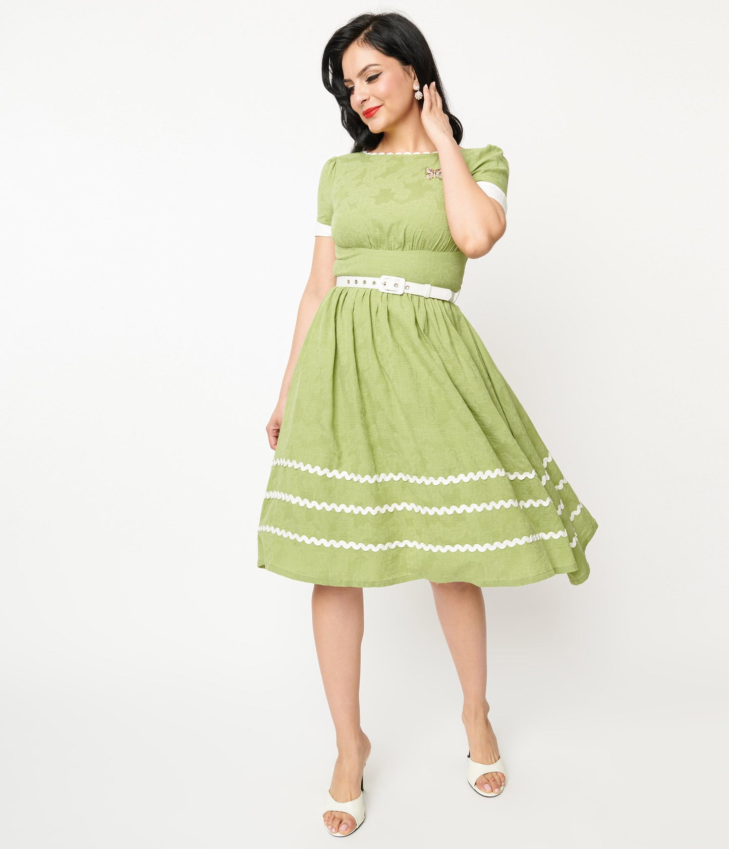 Unique Vintage Green & White Butterfly Brooch Swing Dress - Unique Vintage - Womens, DRESSES, SWING