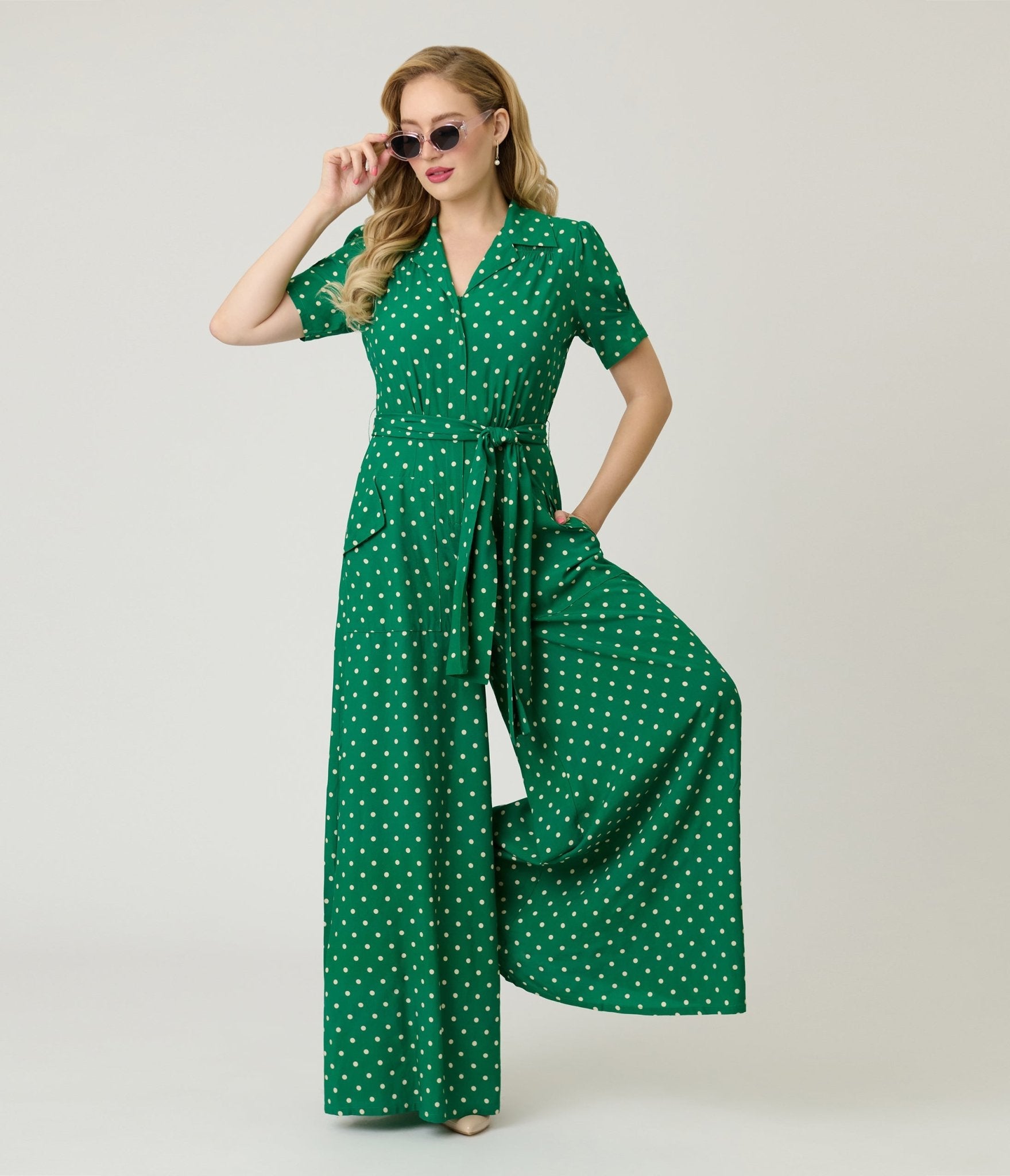 Unique Vintage Green & White Dot Flare Jumpsuit