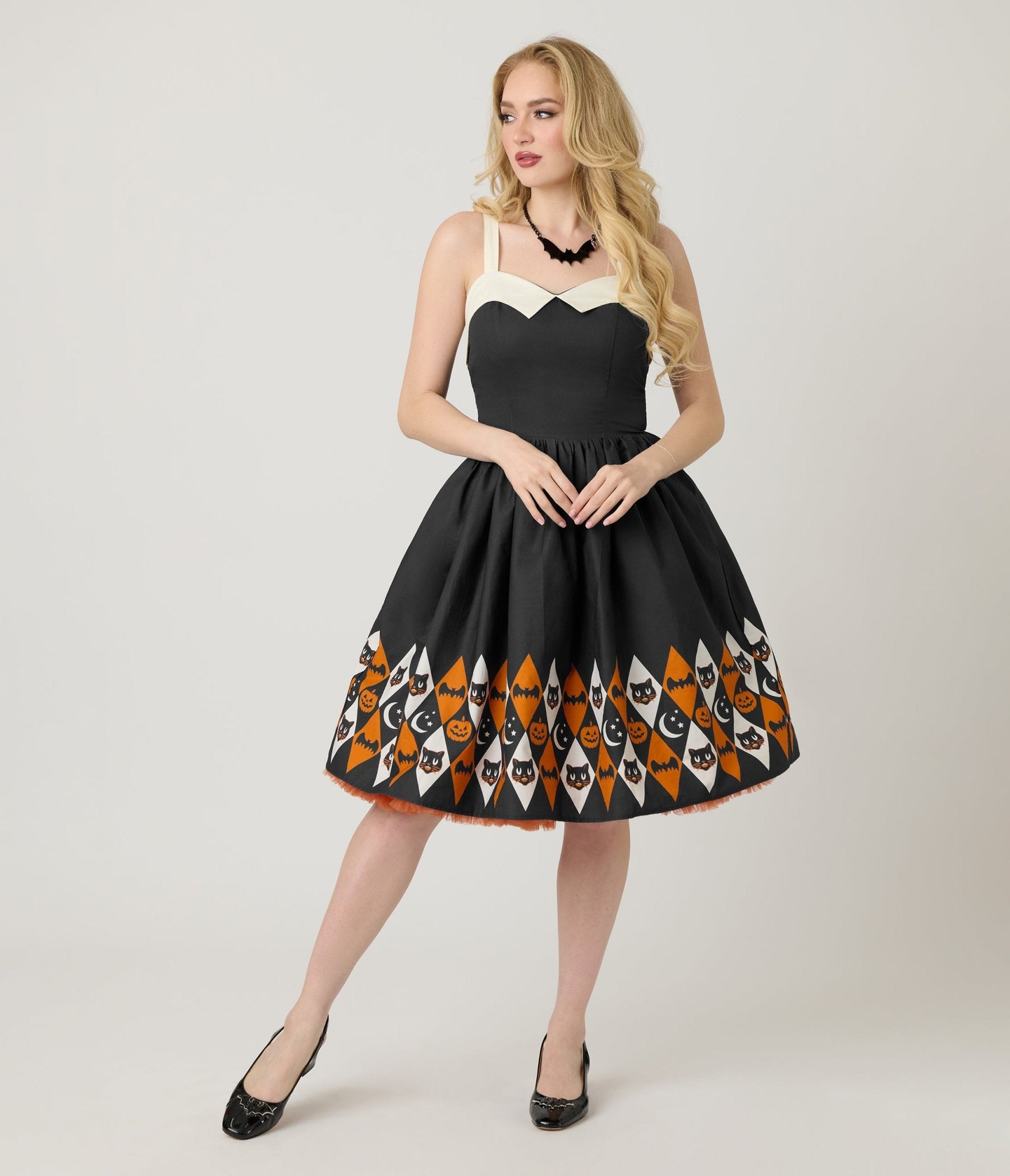Unique Vintage Halloween Diamond Border Print Cotton Rachel Swing Dres Unique Vintage Halloween Diamond Border Print Cotton Rachel Swing Dres
