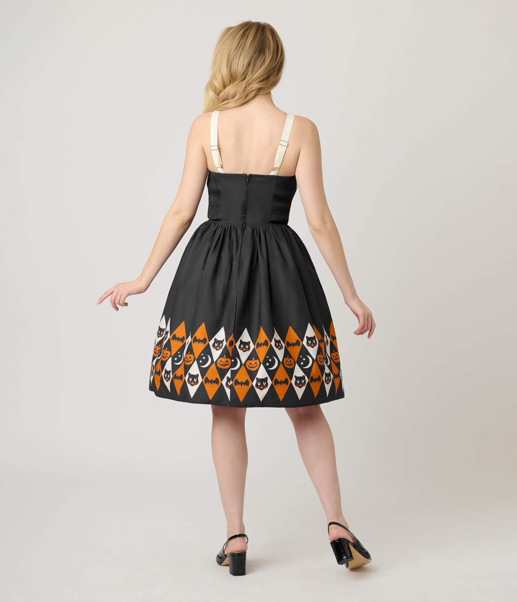 Unique Vintage Halloween Diamond Border Print Cotton Rachel Swing Dress - Unique Vintage - Womens, DRESSES, SWING