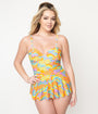 Unique Vintage Happy Groovy Rainbows Skirted One Piece Swimsuit