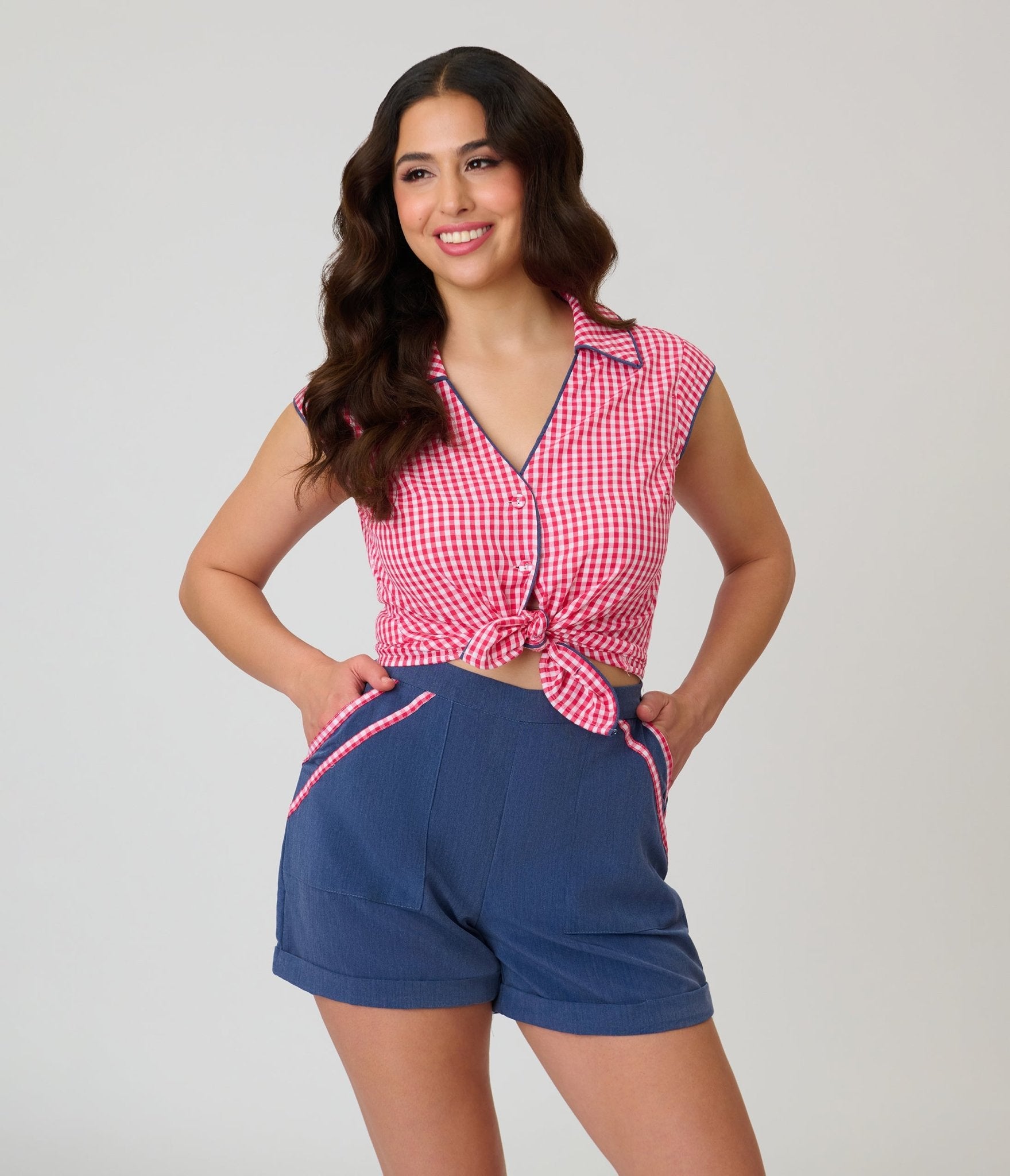 Unique Vintage Hot Pink Gingham Cap Sleeve Top