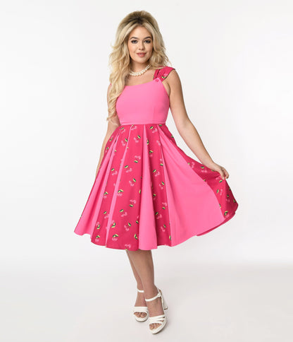 Unique Vintage Hot Pink & Heart Cherry Stripe Swing Dress - Unique Vintage - Womens, DRESSES, SWING