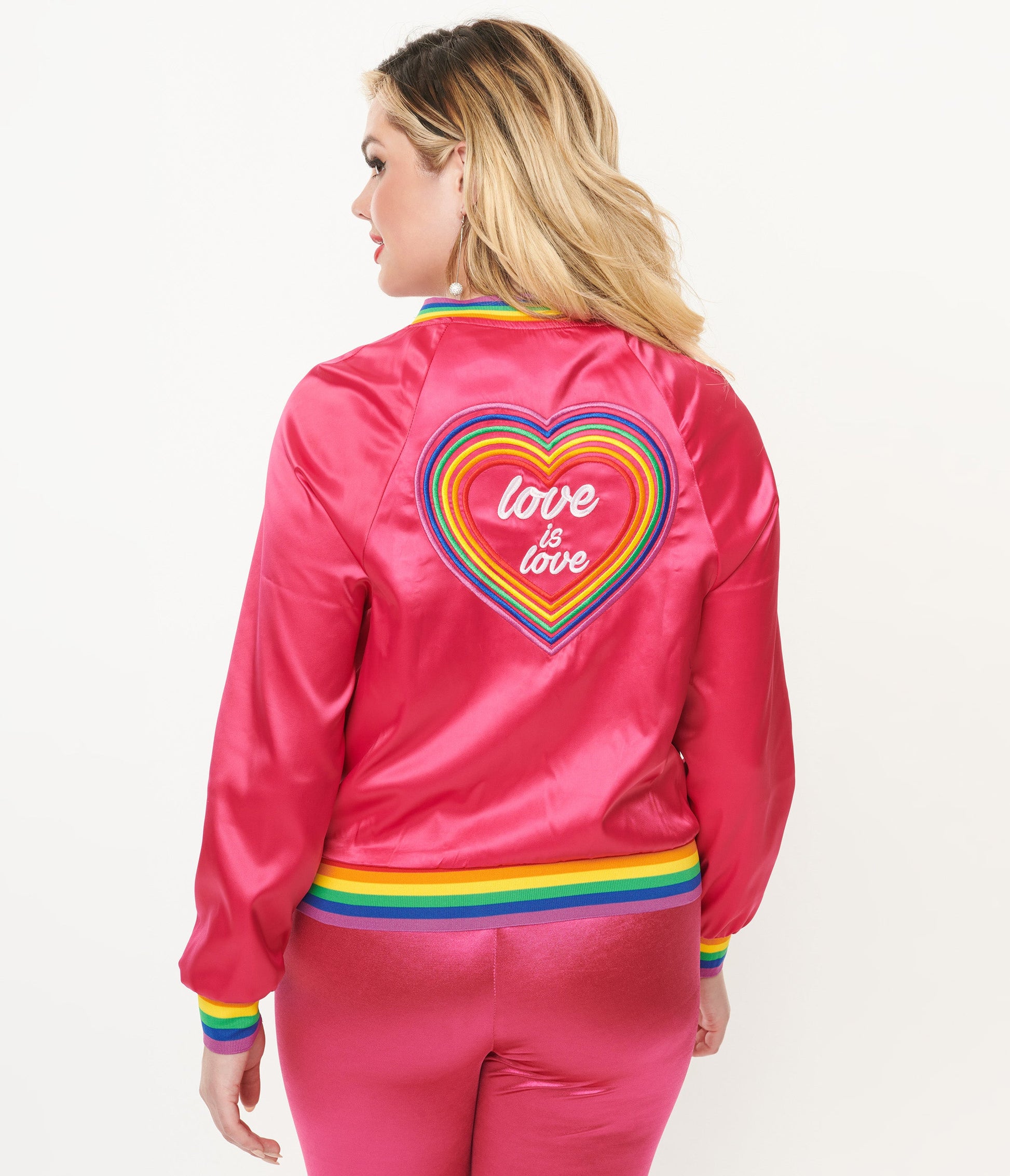 Unique Vintage Hot Pink & Rainbow Pride Satin Bomber Jacket - Unique Vintage - Womens, TOPS, OUTERWEAR