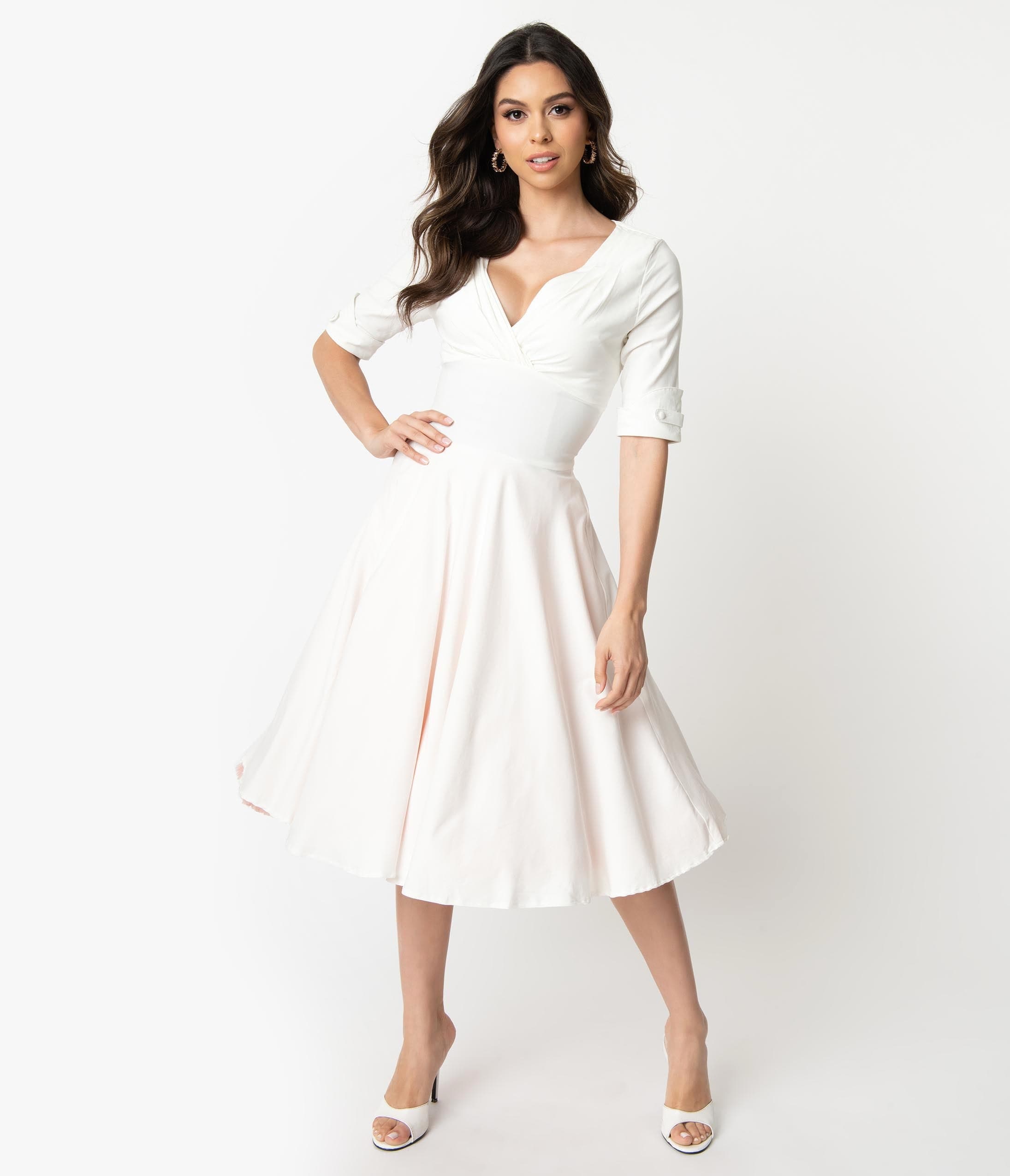 Delores 1950s-Style Ivory Swing Dress Unique Vintage Delores 1950s-Style Ivory Swing Dress Unique Vintage