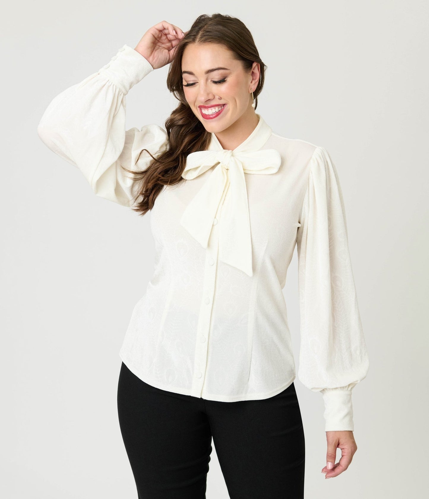 Unique Vintage Ivory Peacock Feather Embossed Gwen Blouse - Unique Vintage - Womens, TOPS, WOVEN TOPS