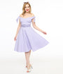 Unique Vintage Lavender & White Gingham Off The Shoulder Swing Dress
